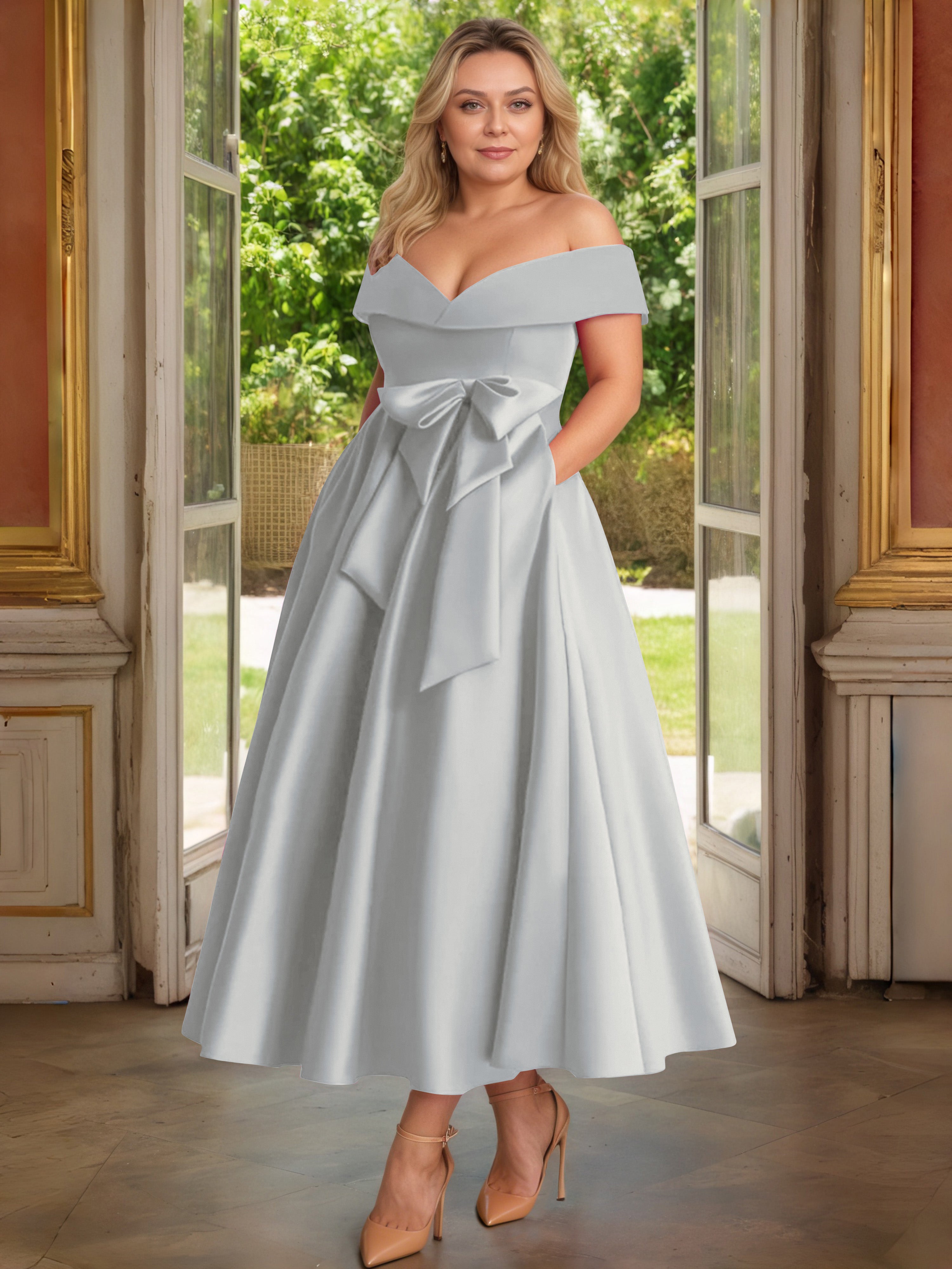 Cicinia Argent Cicinia Robe Grande Taille Mère De La Mariée Longue A-Line En Satin Épaules Dénudées Avec Nœud Papillon Longueur Cheville