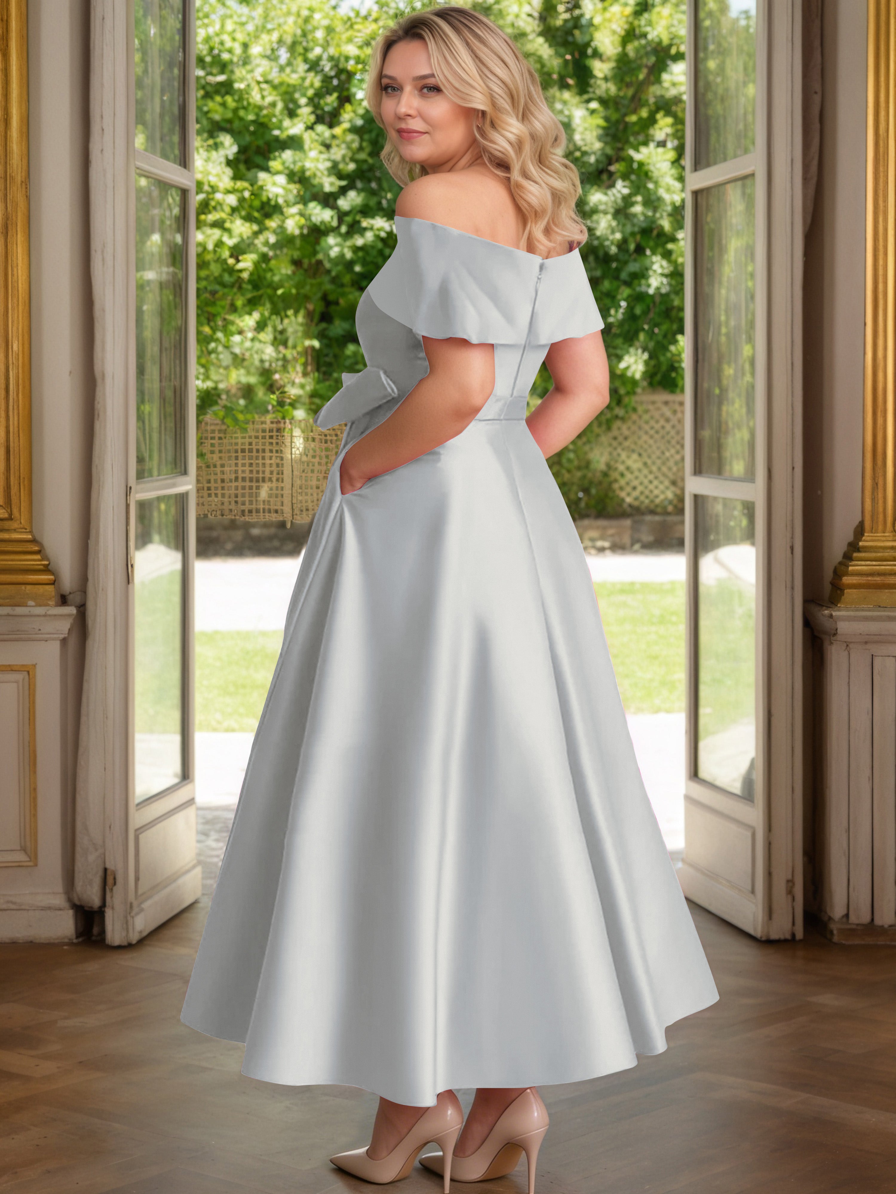 Cicinia Argent Cicinia Robe Grande Taille Mère De La Mariée Longue A-Line En Satin Épaules Dénudées Avec Nœud Papillon Longueur Cheville