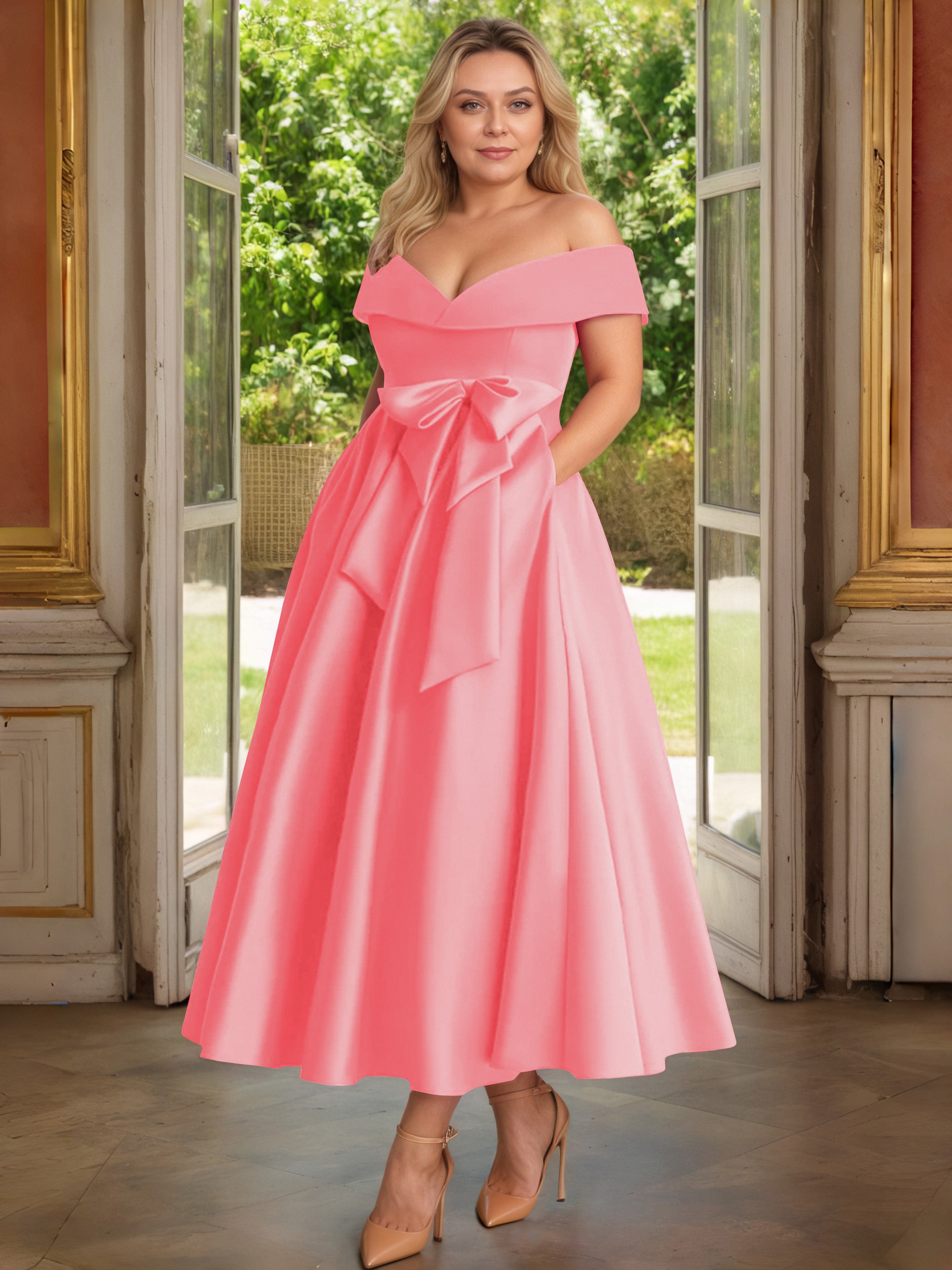 Cicinia Pastèque Cicinia Robe Grande Taille Mère De La Mariée Longue A-Line En Satin Épaules Dénudées Avec Nœud Papillon Longueur Cheville