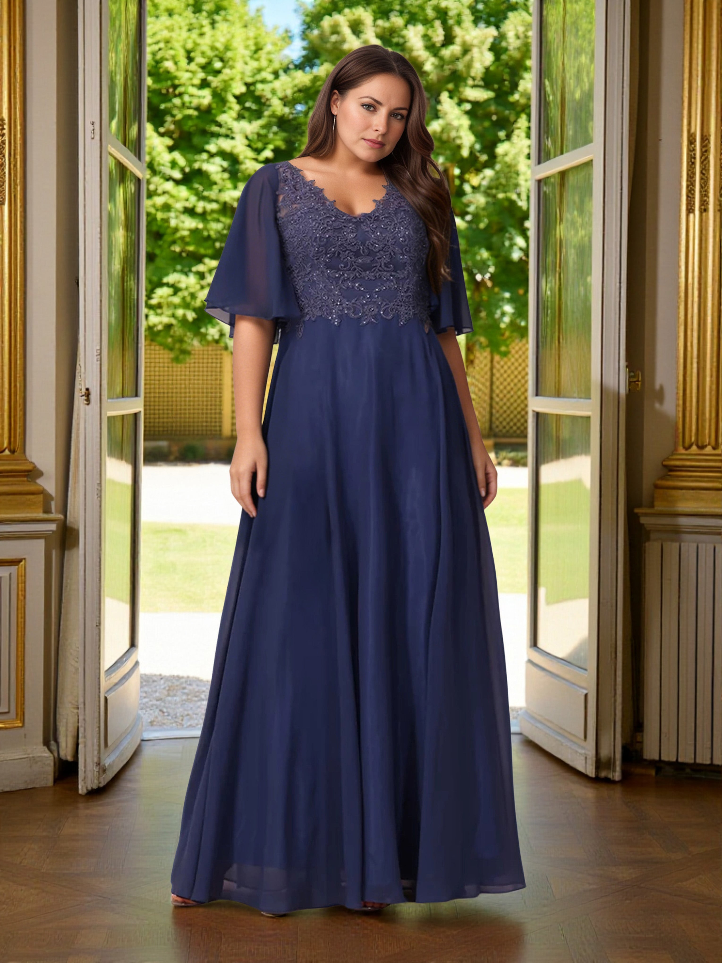 Cicinia Bleu Marine Robe Grande Taille pour Mère de la Mariée Longue A-Line en Mousseline Manches Demi-longues Longueur Sol