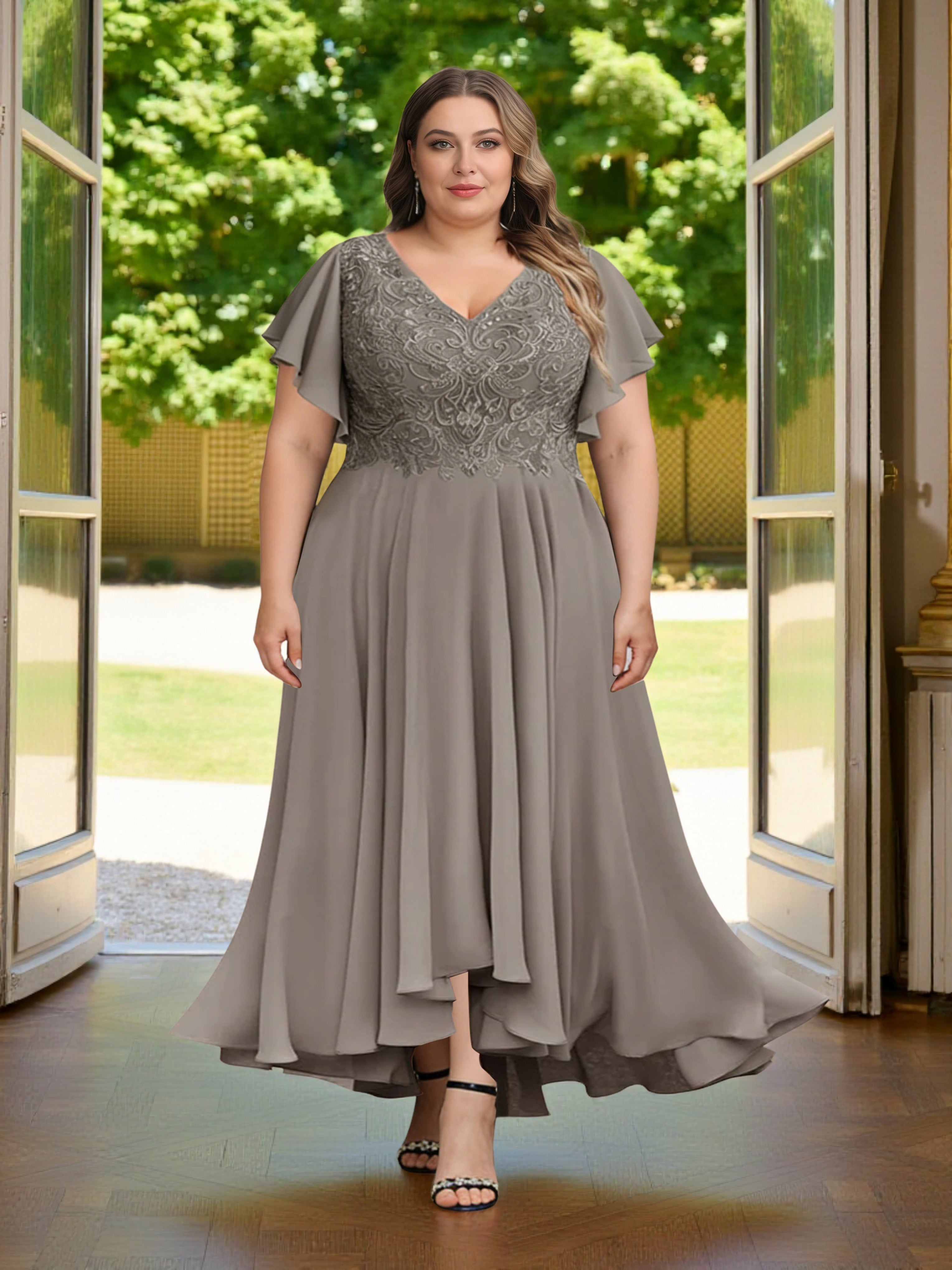 Cicinia Gris Robe Grande Taille pour Mère de la Mariée Longue A-Line en Mousseline Dentelle Manches Papillons