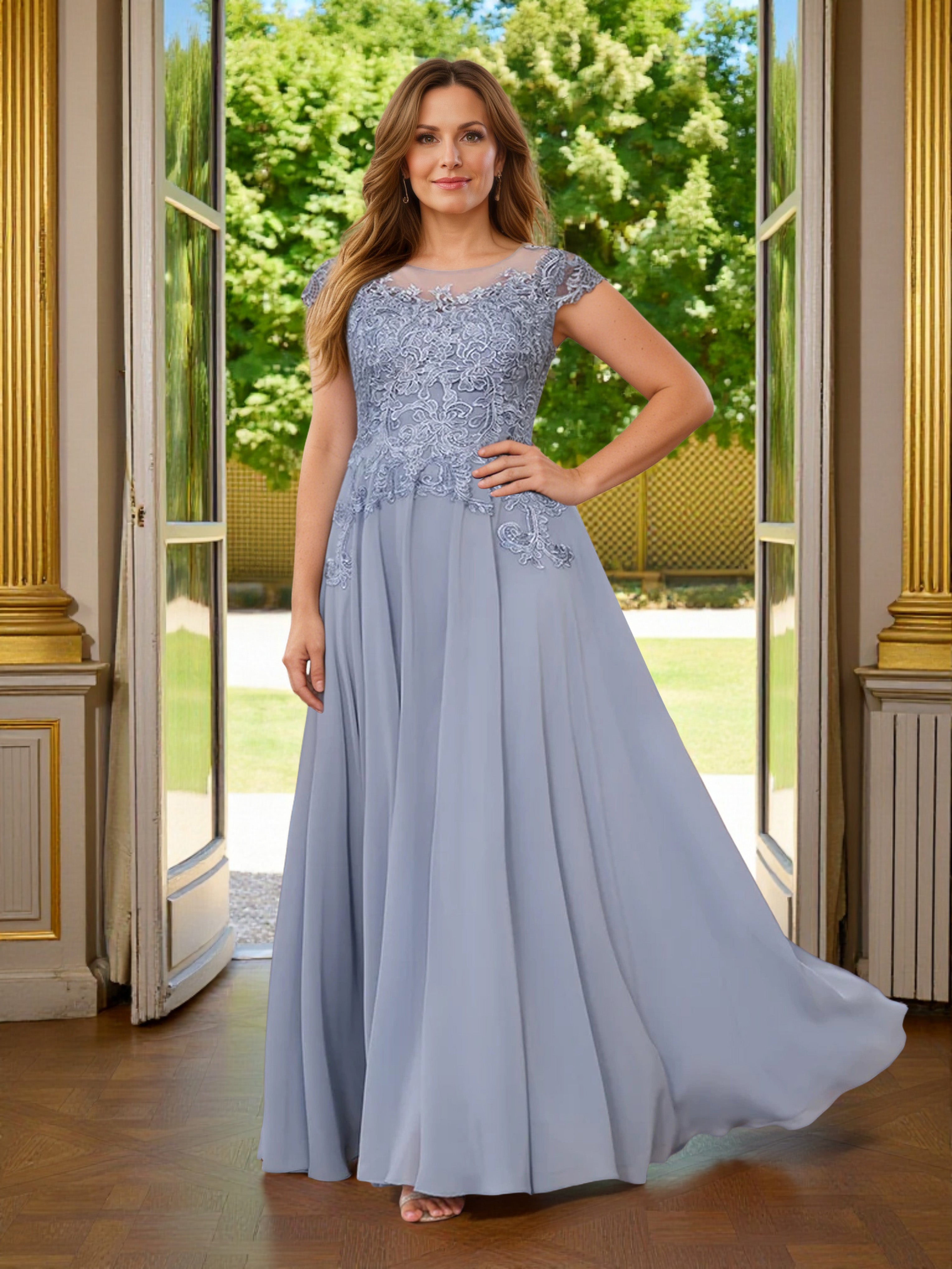 Cicinia Bleu Poussiéreux Robe Grande Taille pour Mère de la Mariée Longue A-Line en Mousseline Dentelle Manches Capelines Longueur Sol
