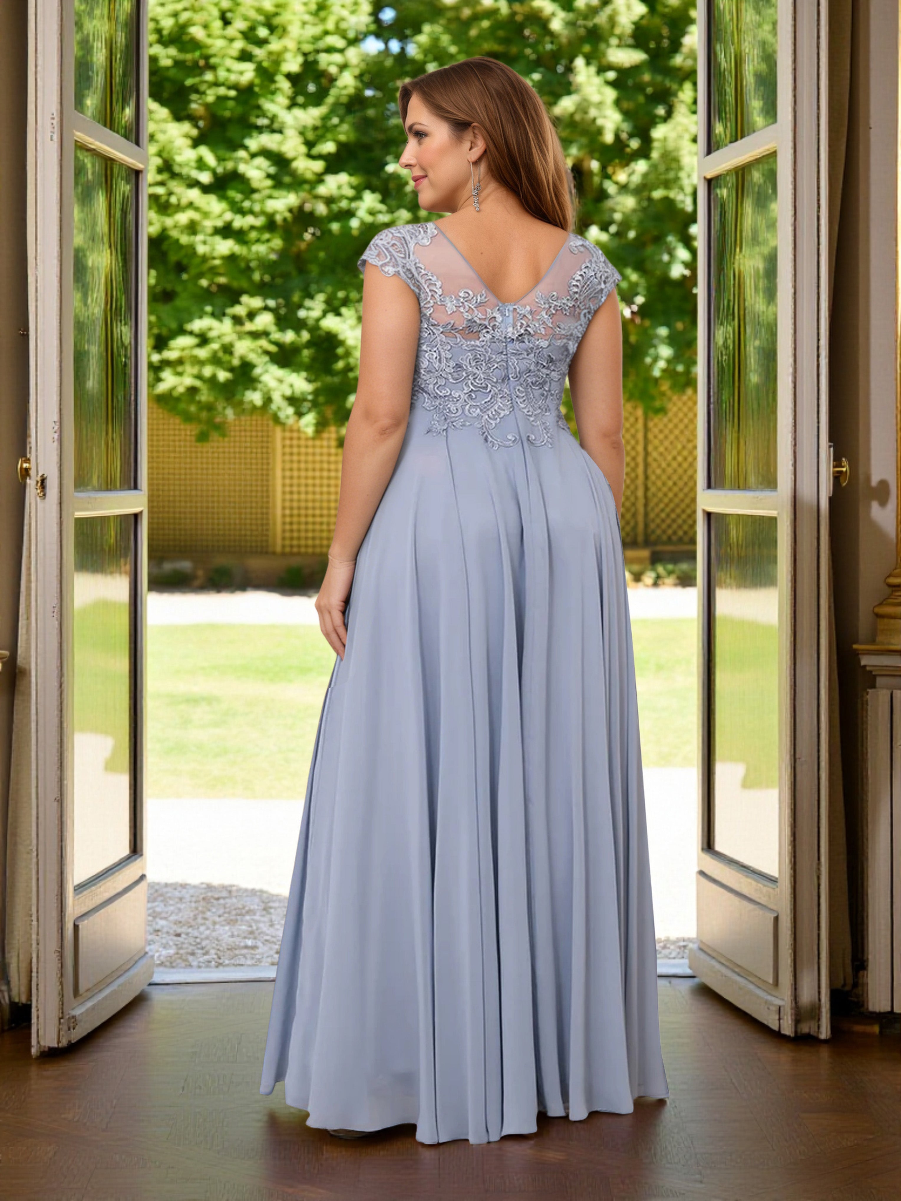 Cicinia Bleu Poussiéreux Robe Grande Taille pour Mère de la Mariée Longue A-Line en Mousseline Dentelle Manches Capelines Longueur Sol