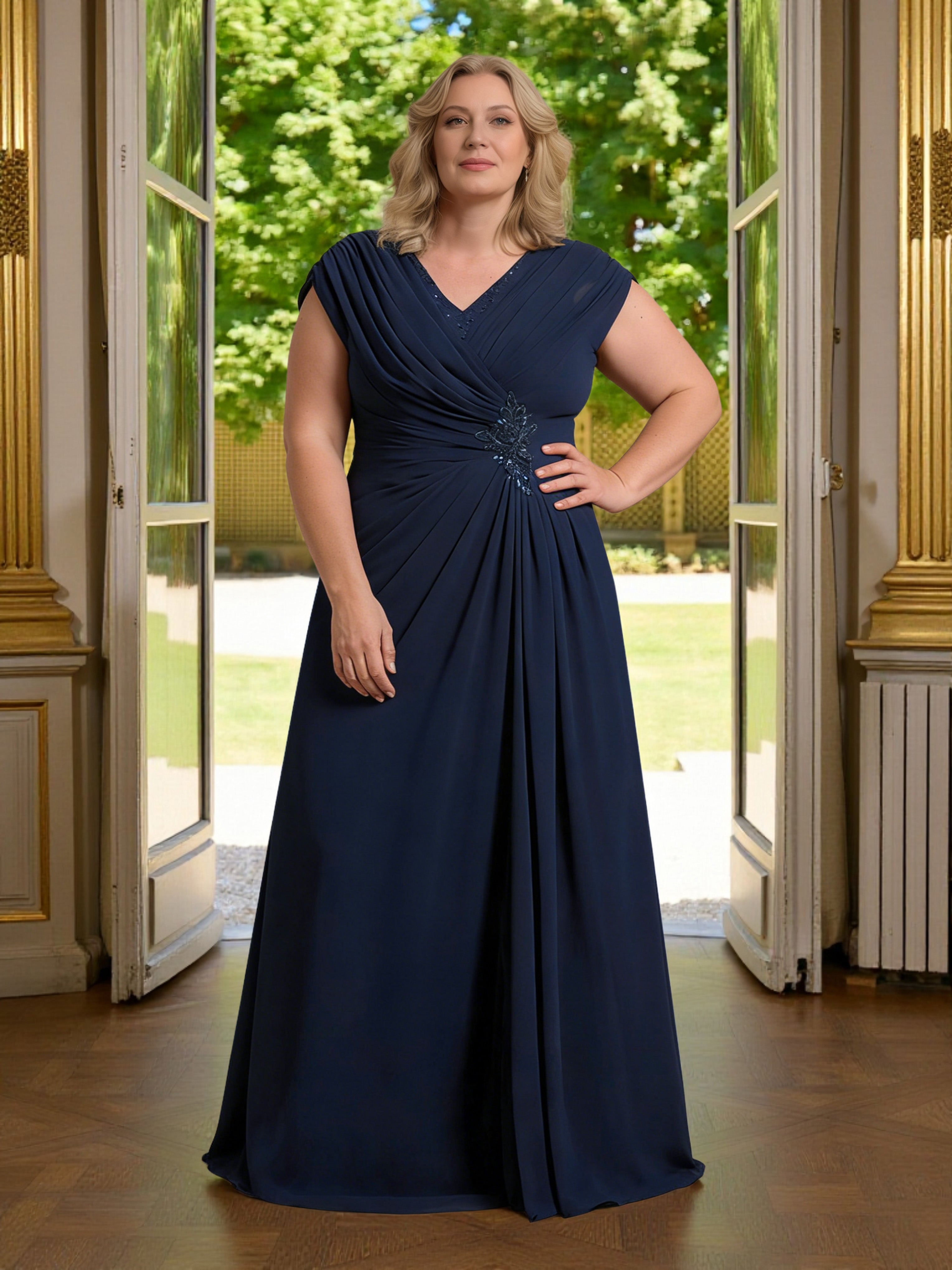 Cicinia Bleu Marine Foncé Robe Grande Taille pour Mère de la Mariée Longue A-Line en Mousseline Perlé à Plis Longueur Sol