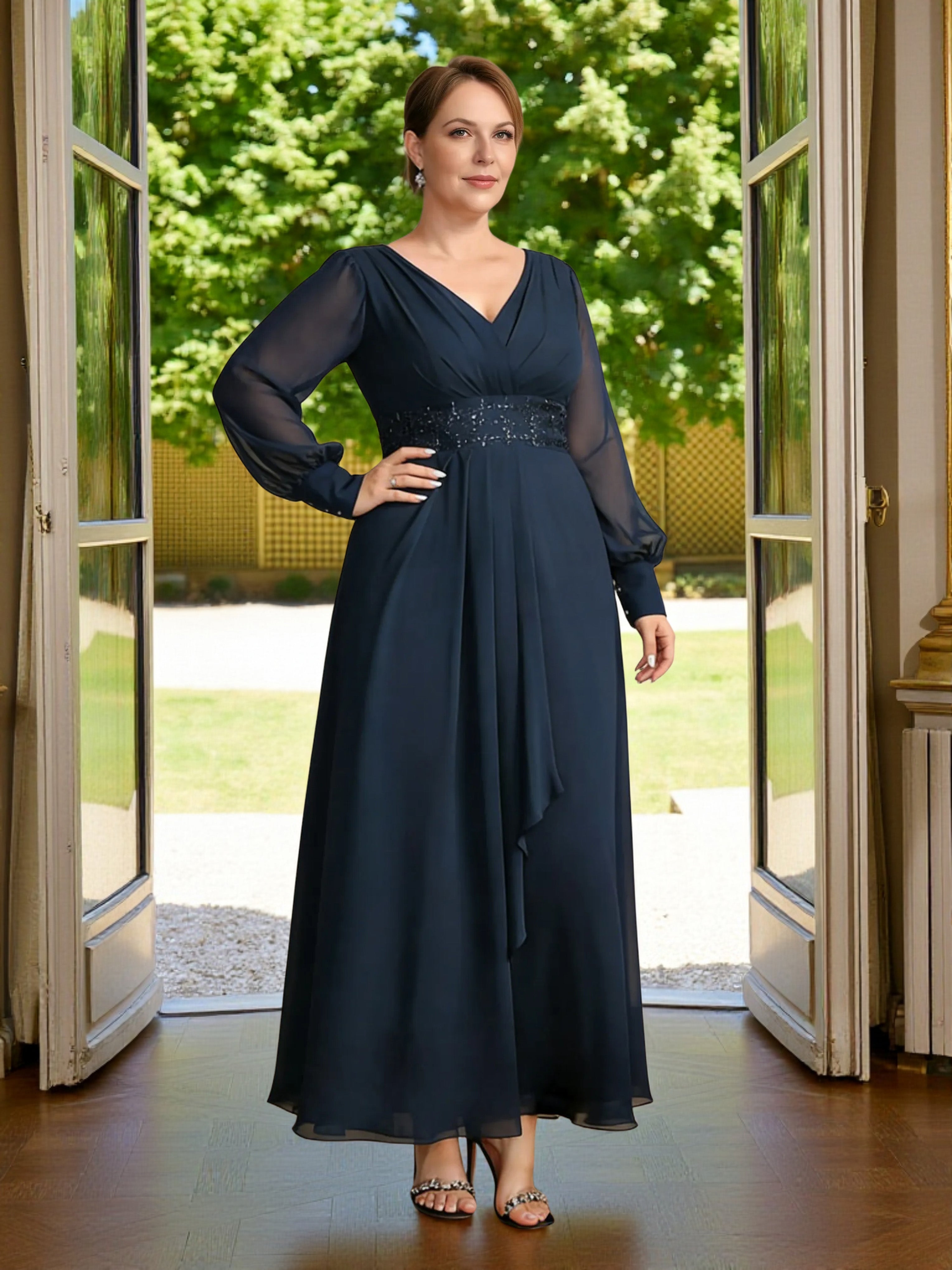 Cicinia Bleu Marine Foncé Robe Grande Taille pour Mère de la Mariée Longue A-Line en Mousseline Décolleté en V Longueur Cheville