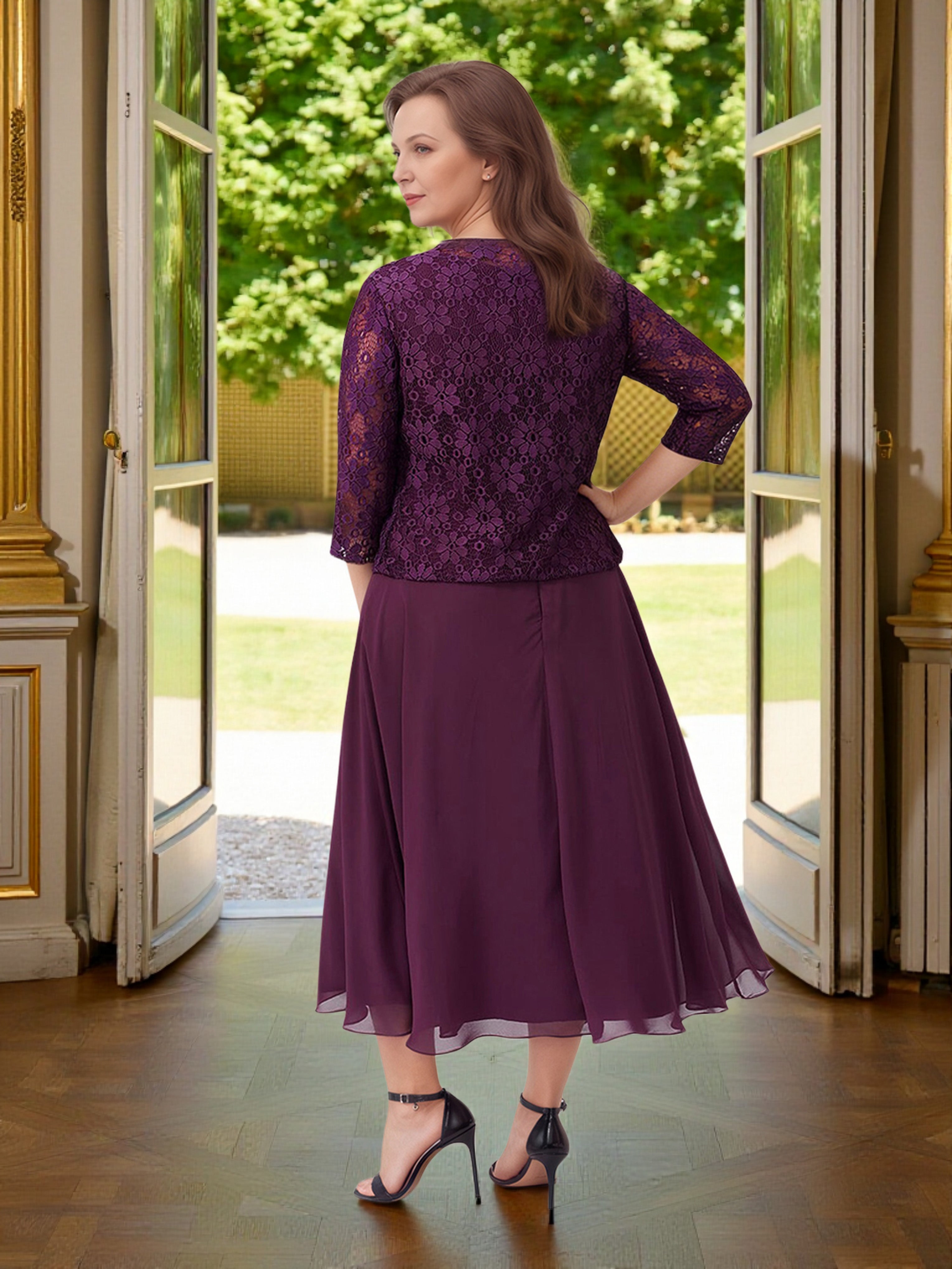 Cicinia Raisin Robe Grande Taille pour Mère de la Mariée 2 Pièces avec Veste Longue A-Line en Mousseline Dentelle Longueur Midi (Thé)