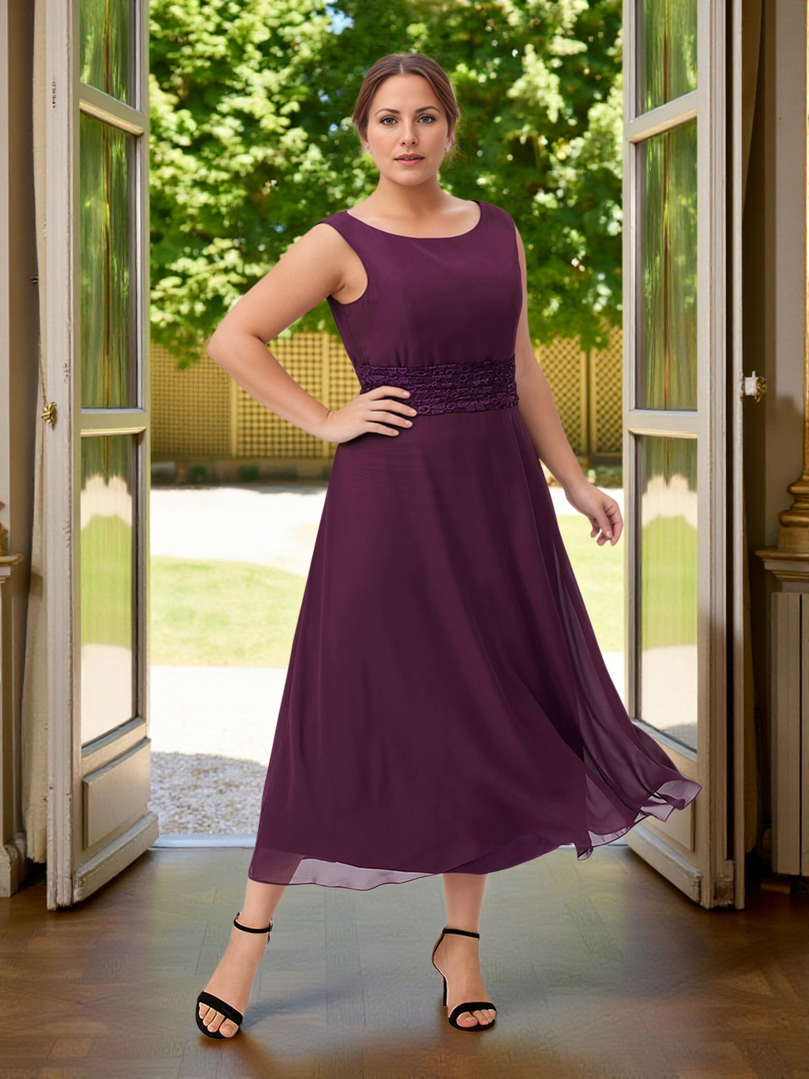 Cicinia Raisin Robe Grande Taille pour Mère de la Mariée 2 Pièces avec Veste Longue A-Line en Mousseline Dentelle Longueur Midi (Thé)
