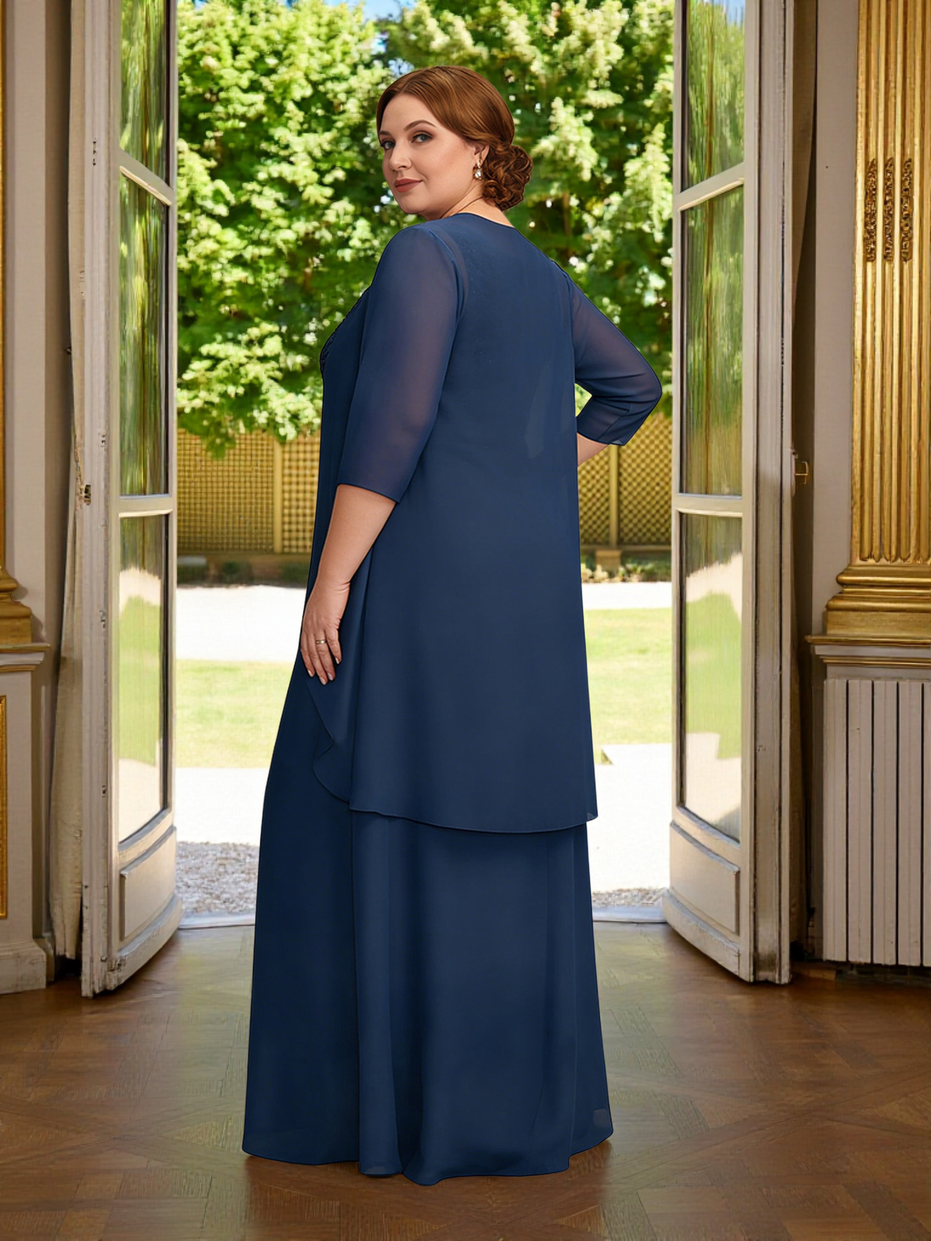 Cicinia Bleu Marine Robe Grande Taille pour Mère de la Mariée 2 Pièces avec Veste Longue A-Line en Mousseline