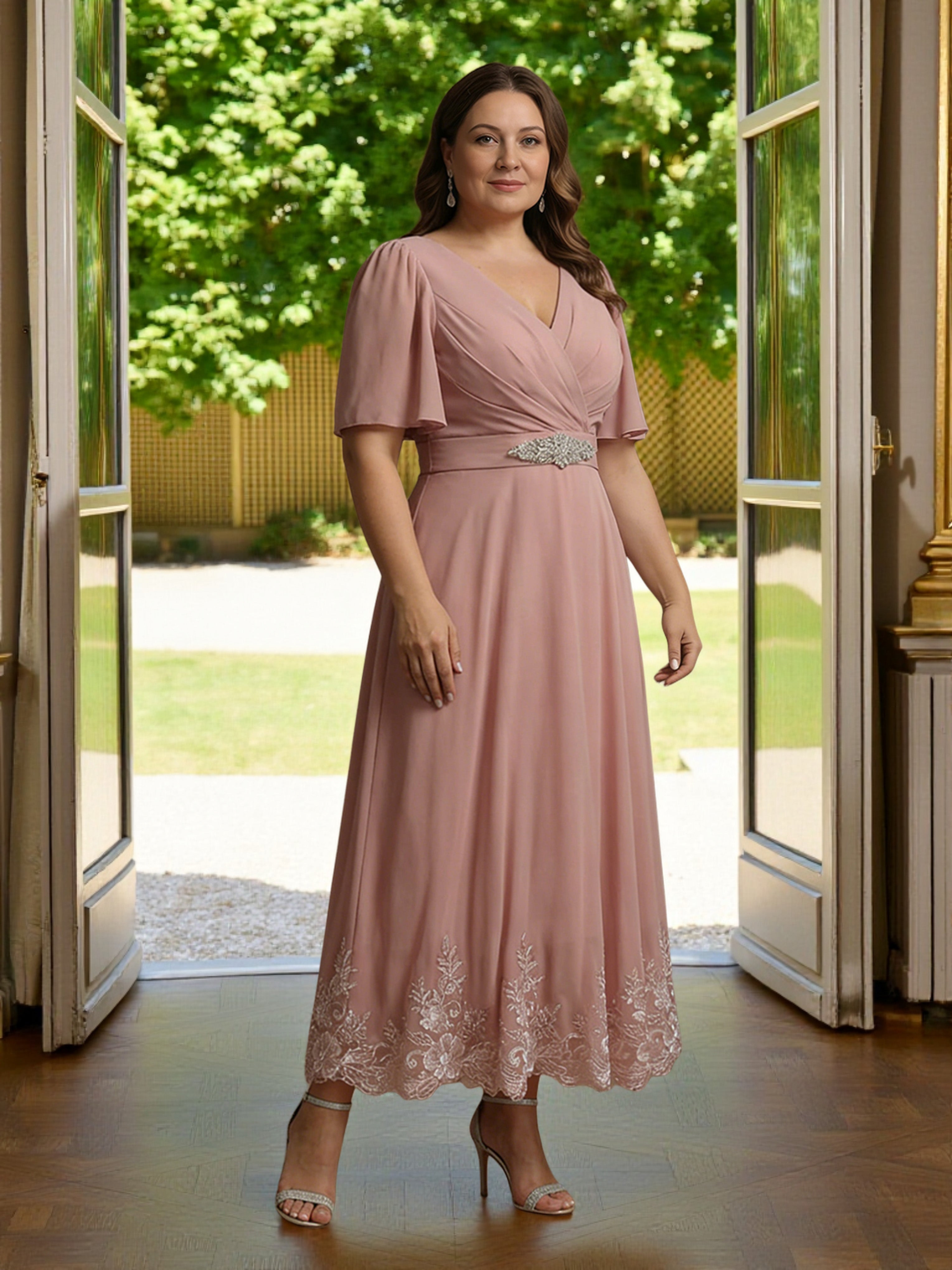 Cicinia Rose Poussiéreux Robe Grande Taille pour Mère de la Mariée Longue A-Line en Mousseline Dentelle Longueur