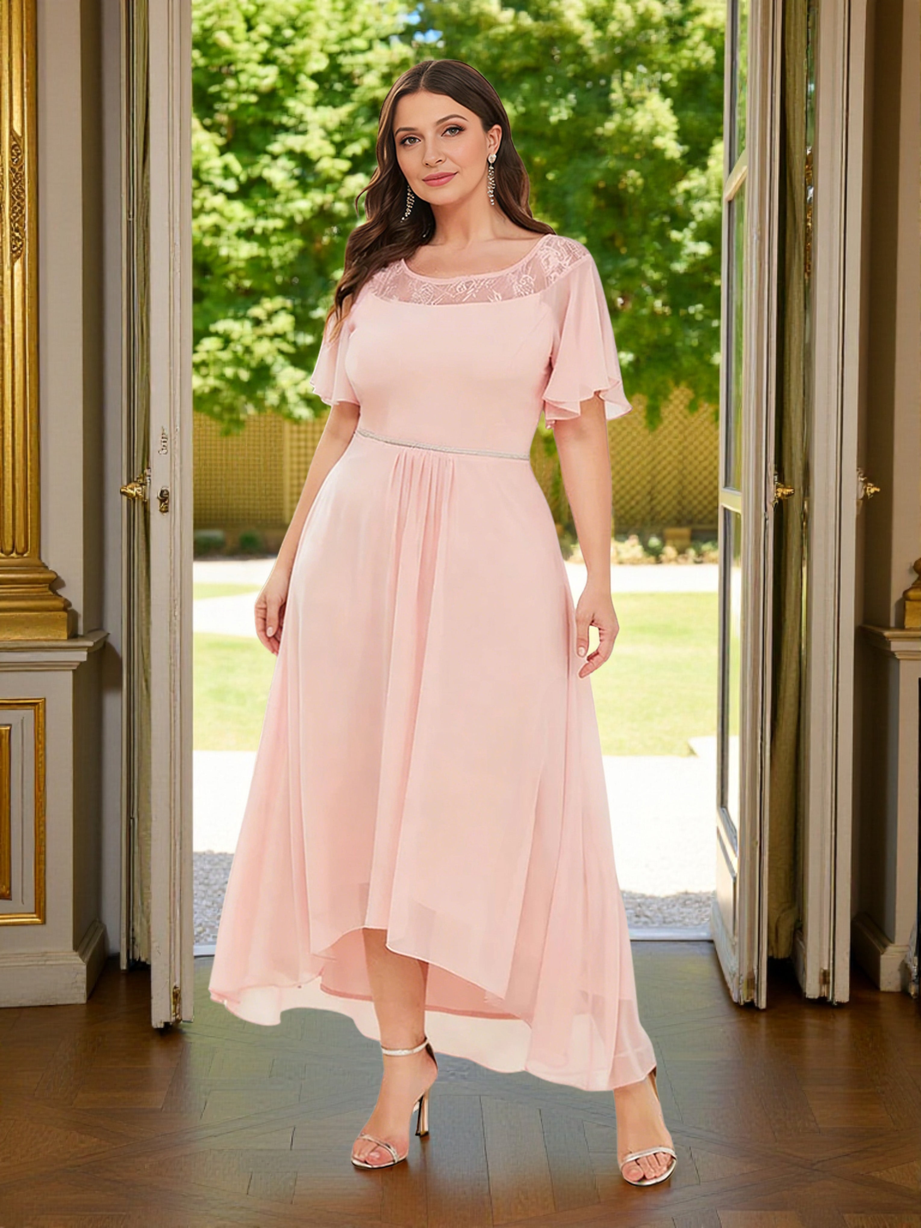 Cicinia Rose Perlé Robe Grande Taille pour Mère de la Mariée Longue A-Line en Mousseline Dentelle
