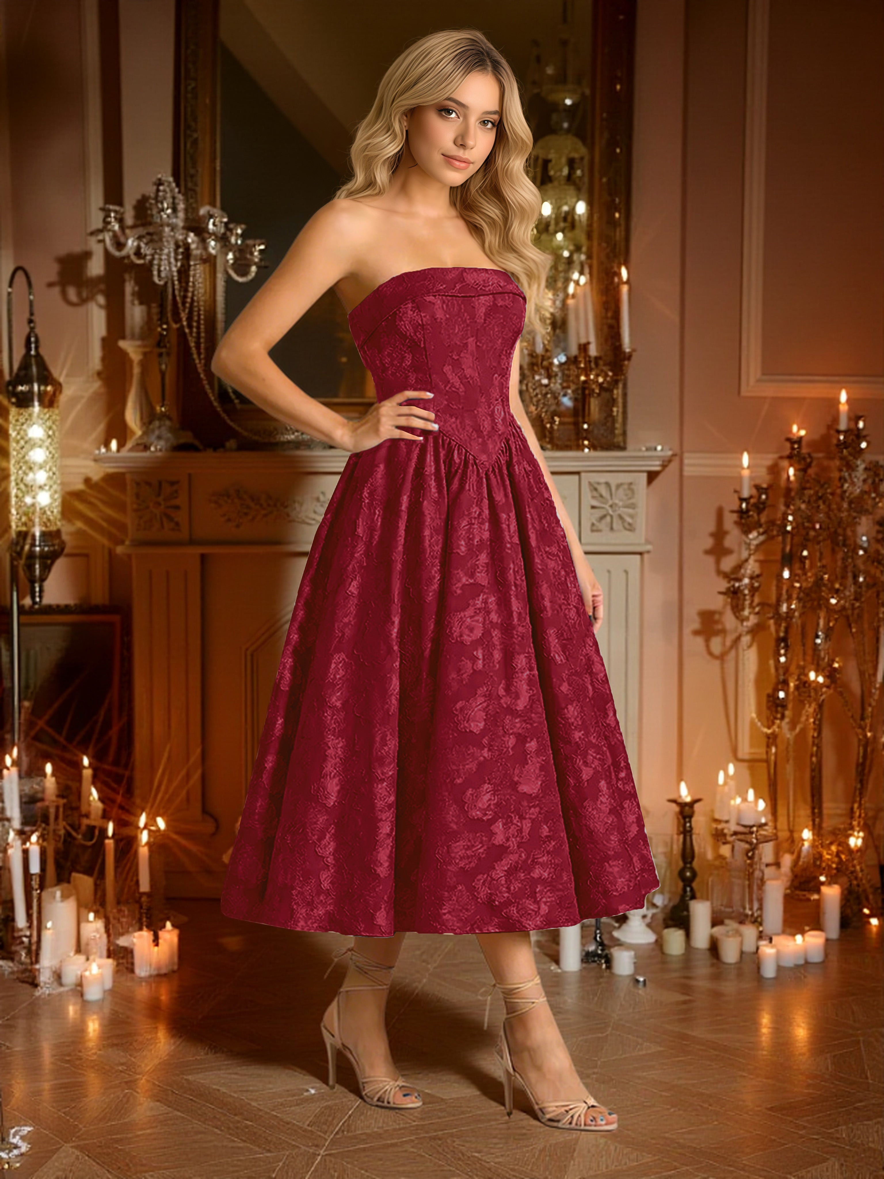 Cicinia Robes de Bal de Promo BORDEAUX Longue A-Line en Dentelle sans Bretelles sans Manches Longueur Midi