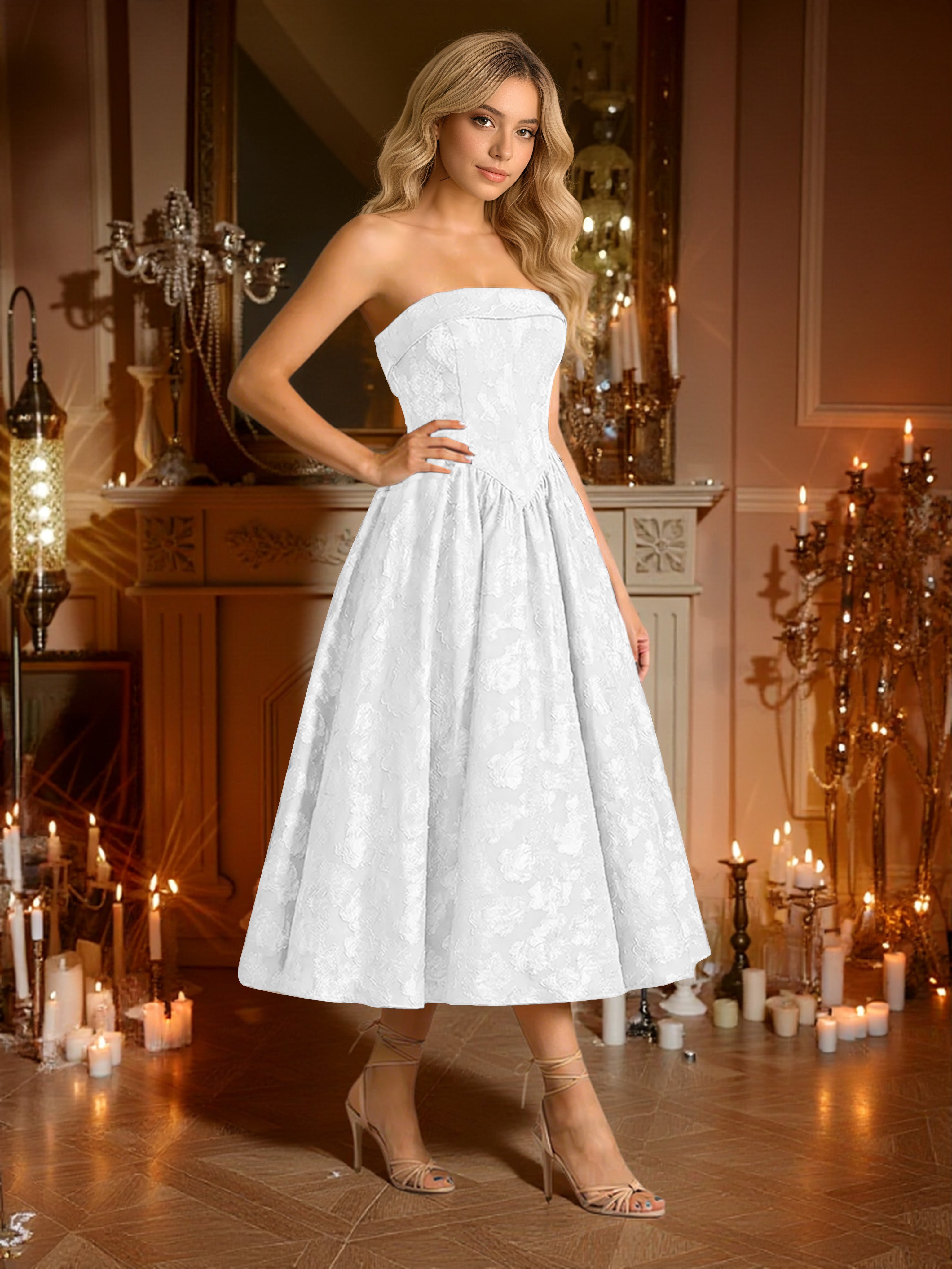 Cicinia Robes de Bal de Promo Blanc Longue A-Line en Dentelle sans Bretelles sans Manches Longueur Midi