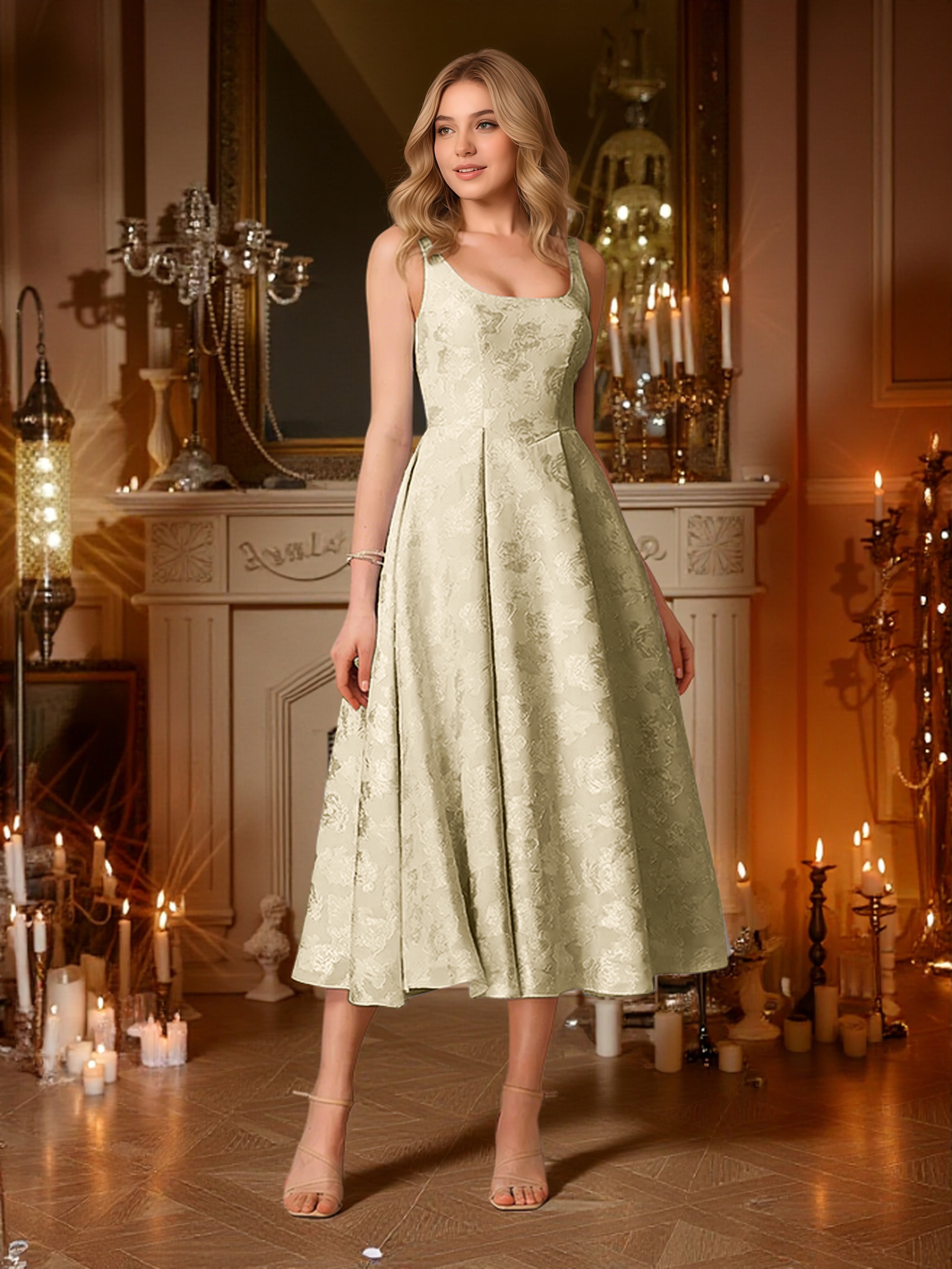 Cicinia Champagne Robes de Bal de Promo Longue A-Line en Dentelle Décolleté Carré Longueur Midi sans Manches
