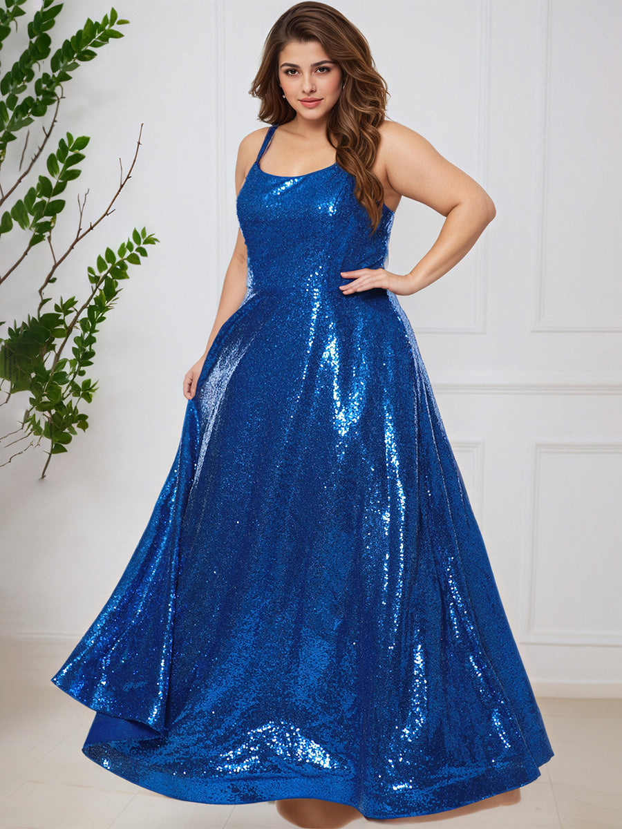Cicinia Bleu Royal Robe de Bal Longue à Paillettes Bretelles Spaghetti Grande Taille