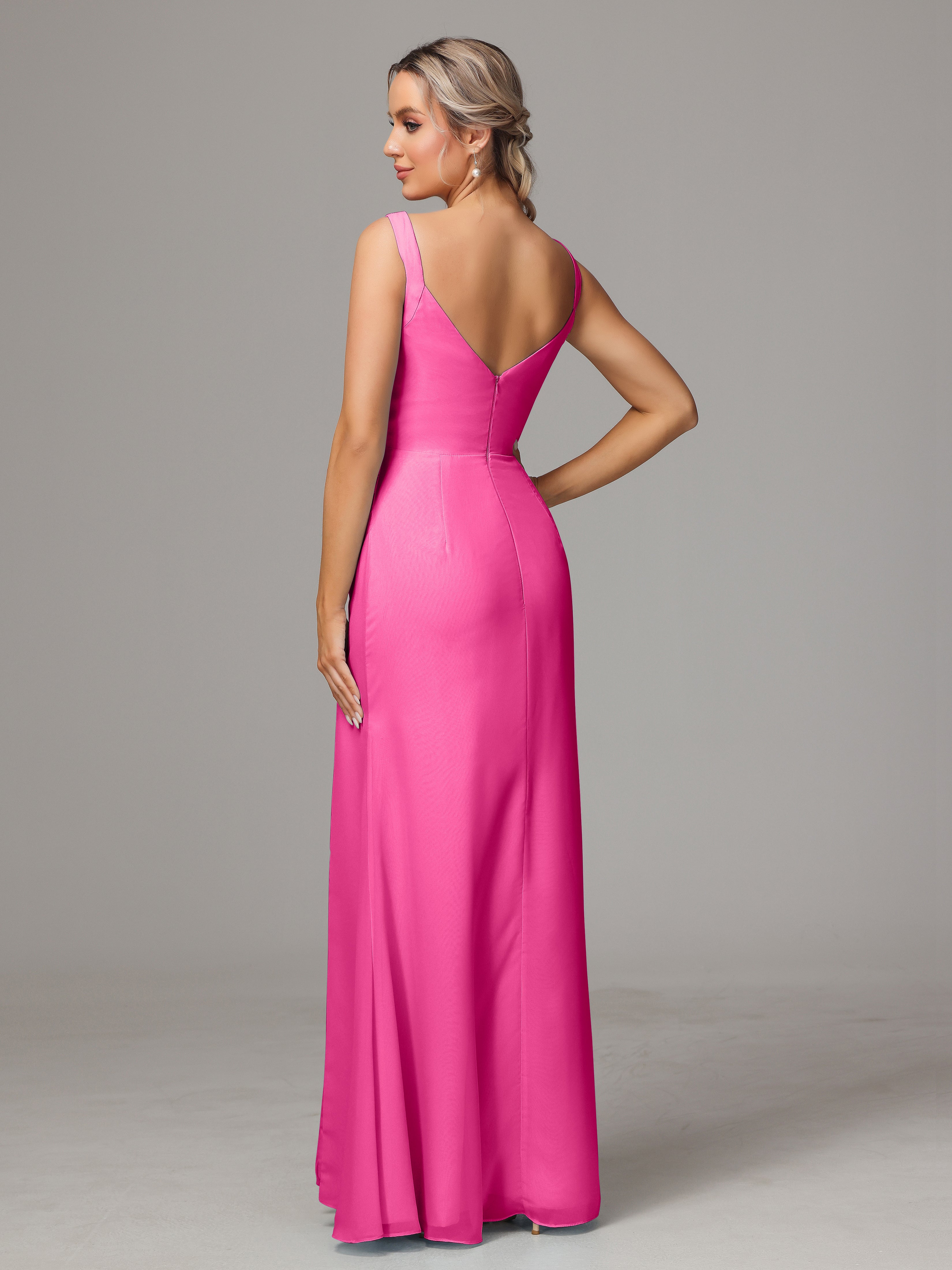 Robe Demoiselle D Honneur En Azalée Dos V Fendue Devant Mousseline Robe Demoiselle D'Honneur