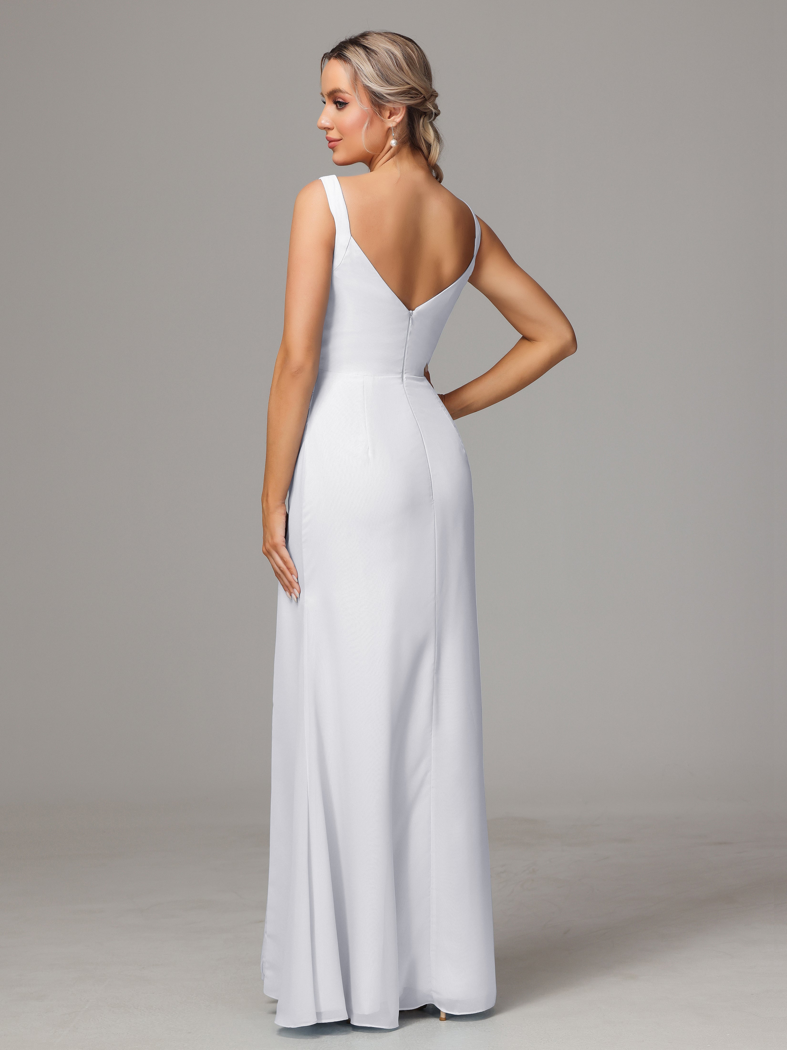 Robe Blanche Demoiselle D Honneur Femme Dos V Fendue Devant Mousseline Robe Demoiselle D'Honneur