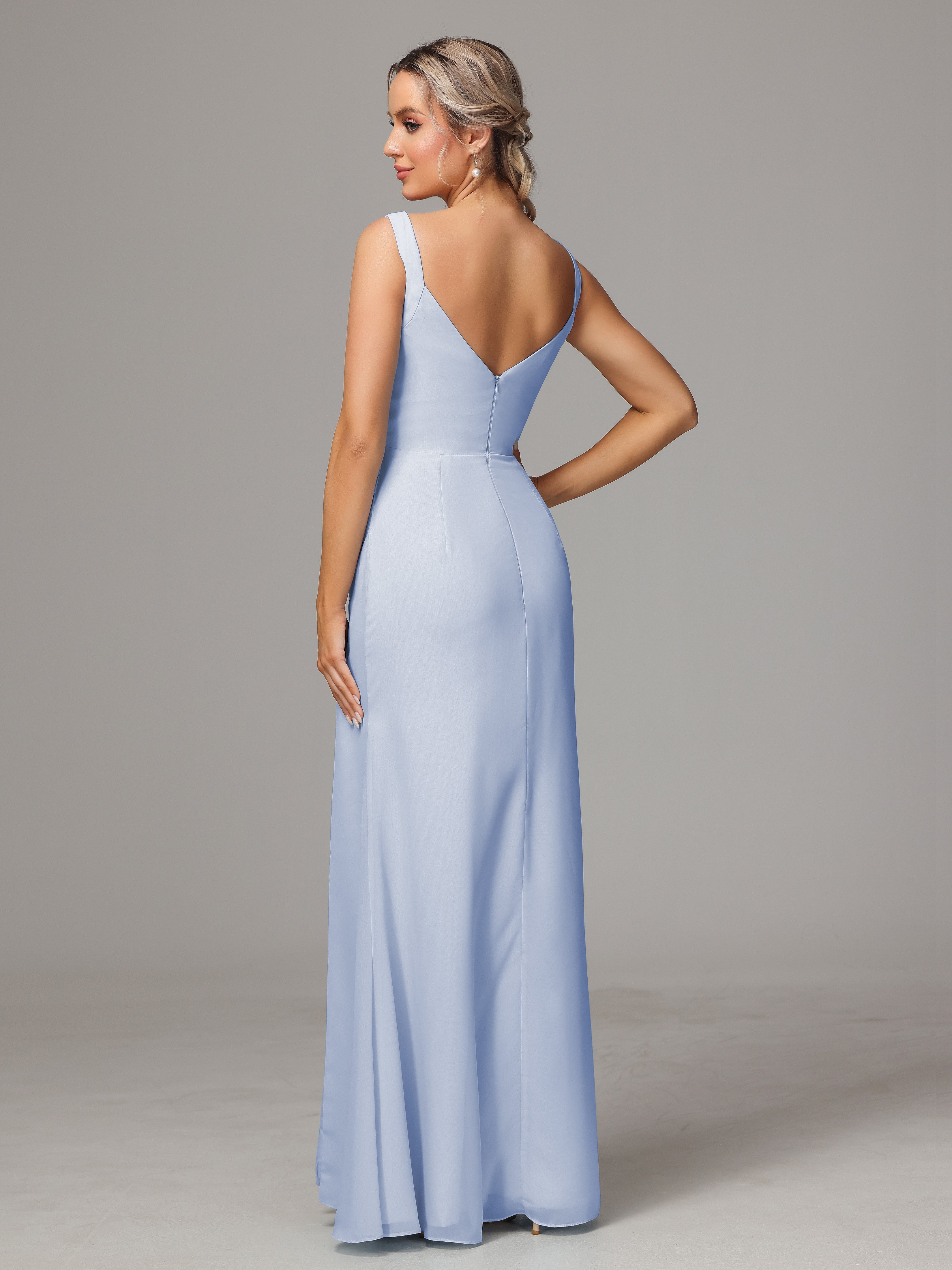 Robe Bleu Ciel Demoiselle D Honneur Dos V Fendue Devant Mousseline Robe Demoiselle D'Honneur