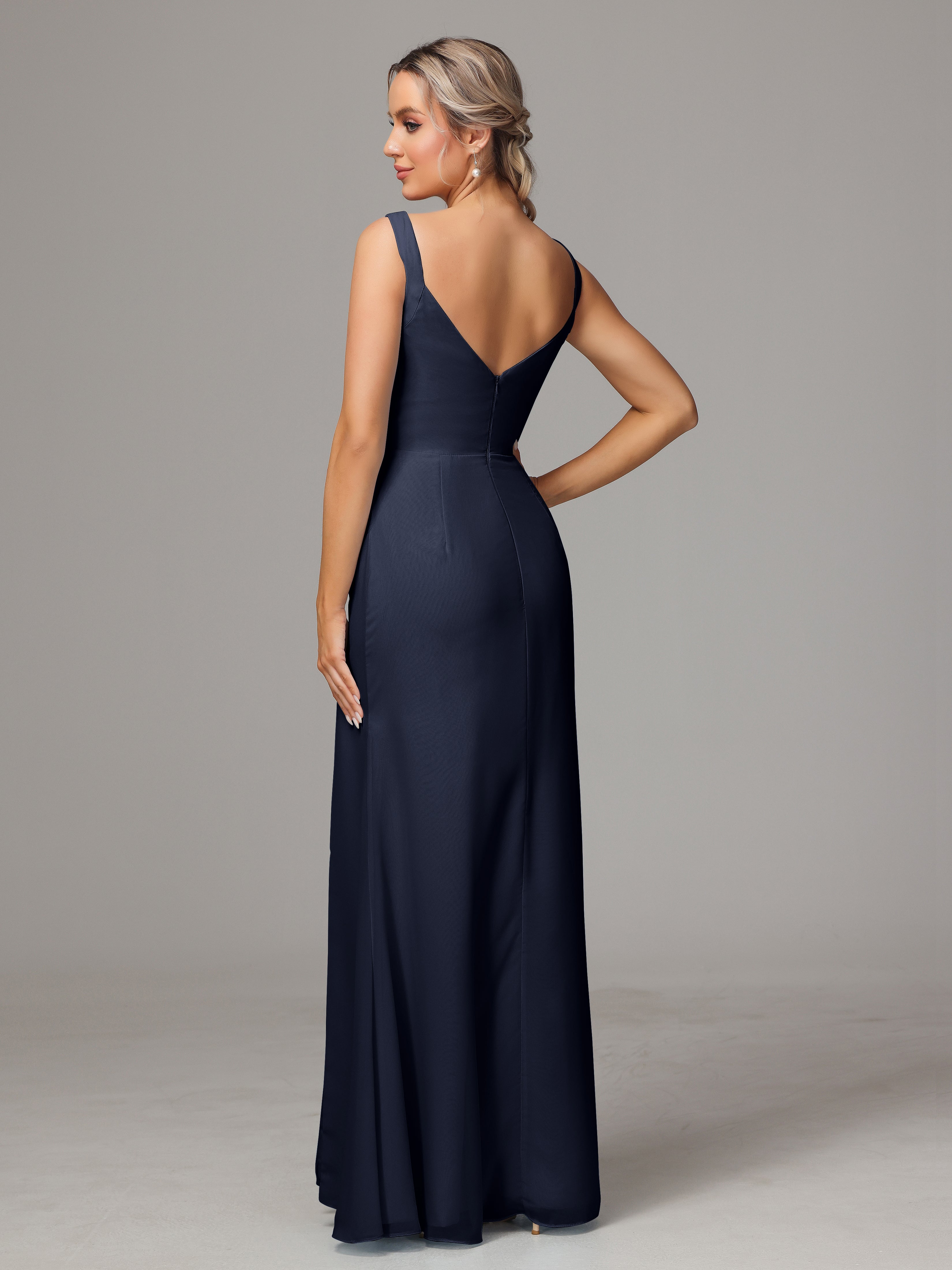 Robe Demoiselle D Honneur Bleu Marine Dos V Fendue Devant Mousseline Robe Demoiselle D'Honneur