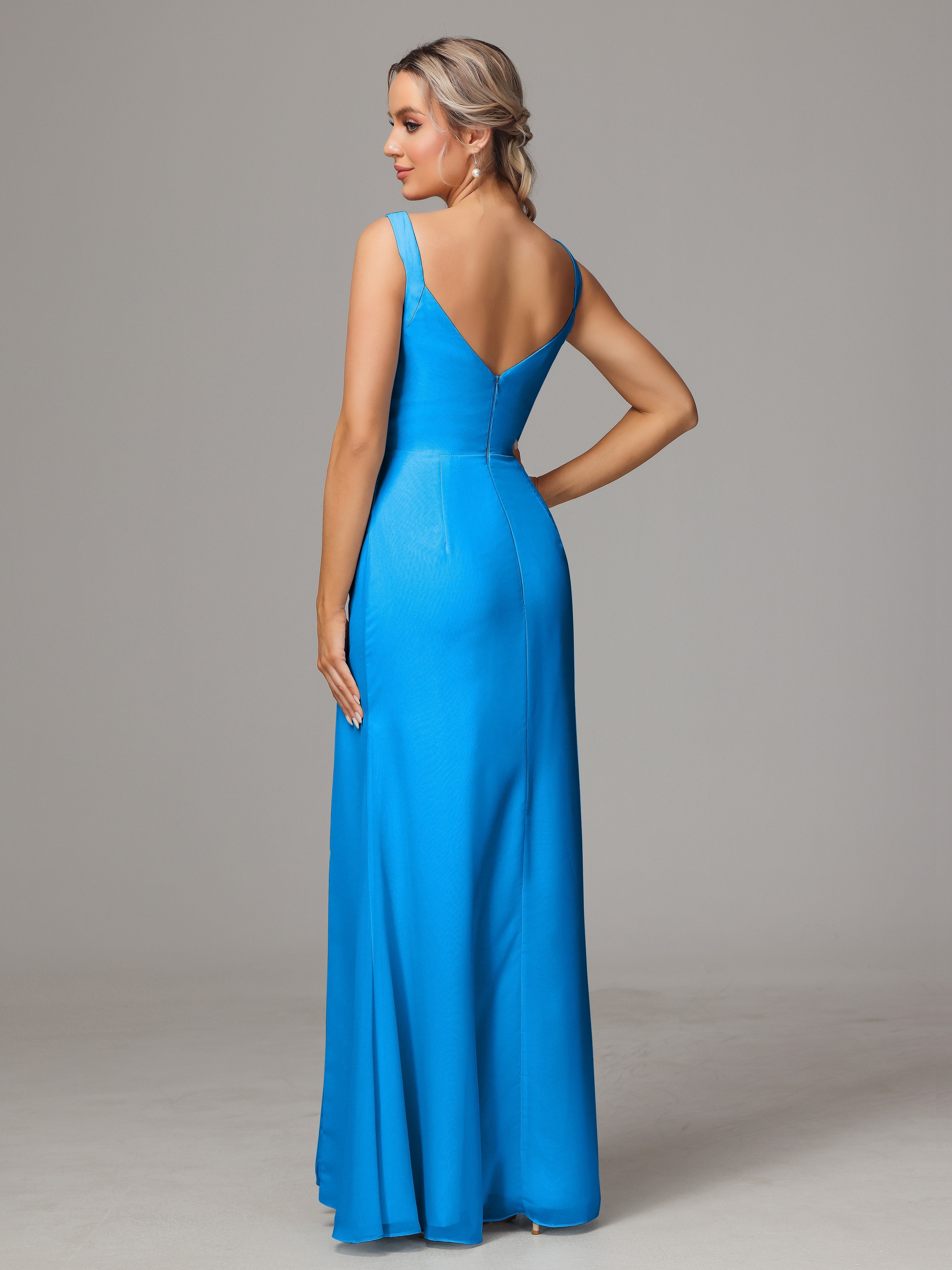 Robes De Demoiselle D'Honneur Bleu Océan Dos V Fendue Devant Mousseline Robe Demoiselle D'Honneur