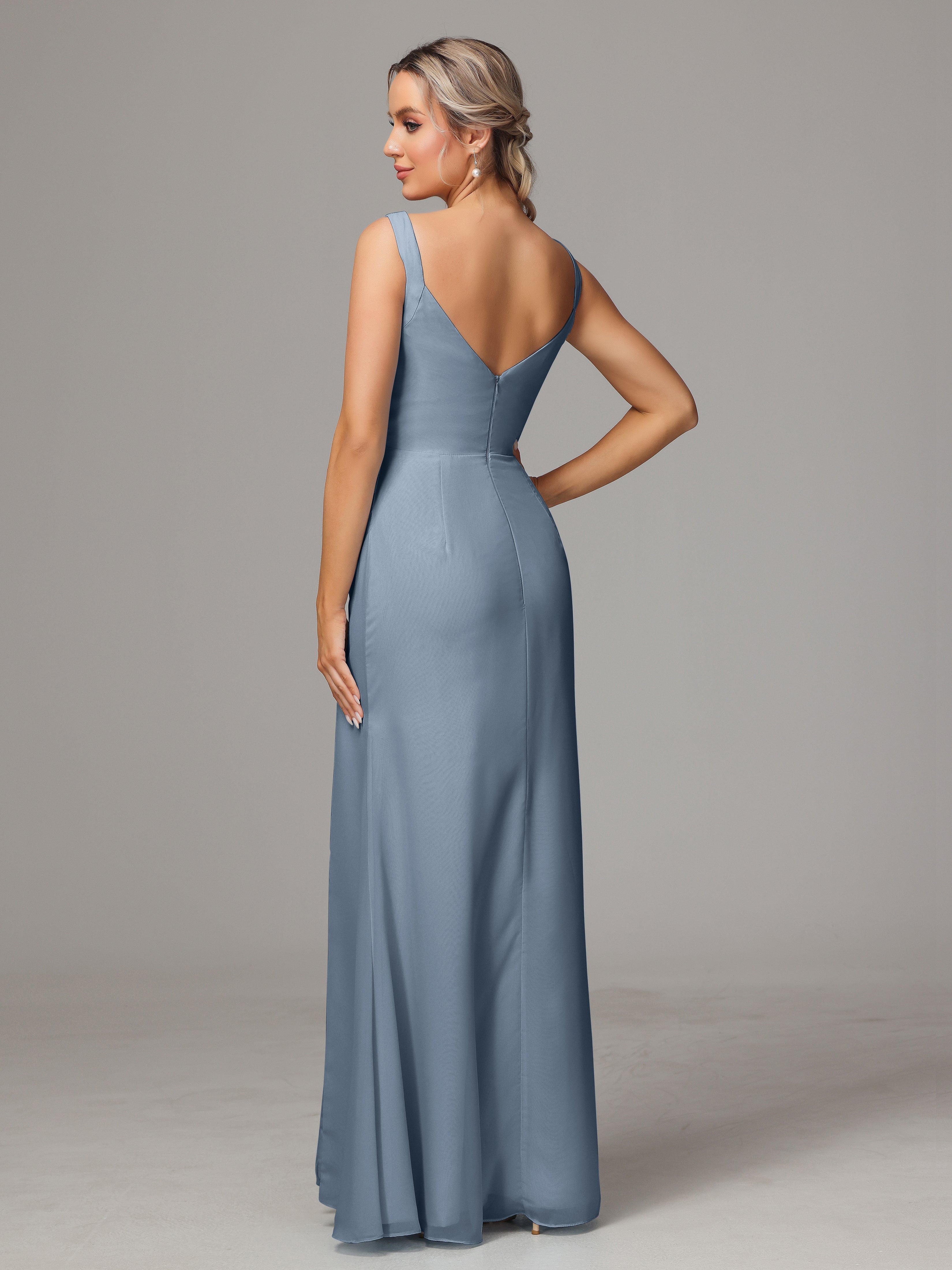 Robes De Demoiselle D'Honneur Bleu Poussiéreux Dos V Fendue Devant Mousseline Robe Demoiselle D'Honneur