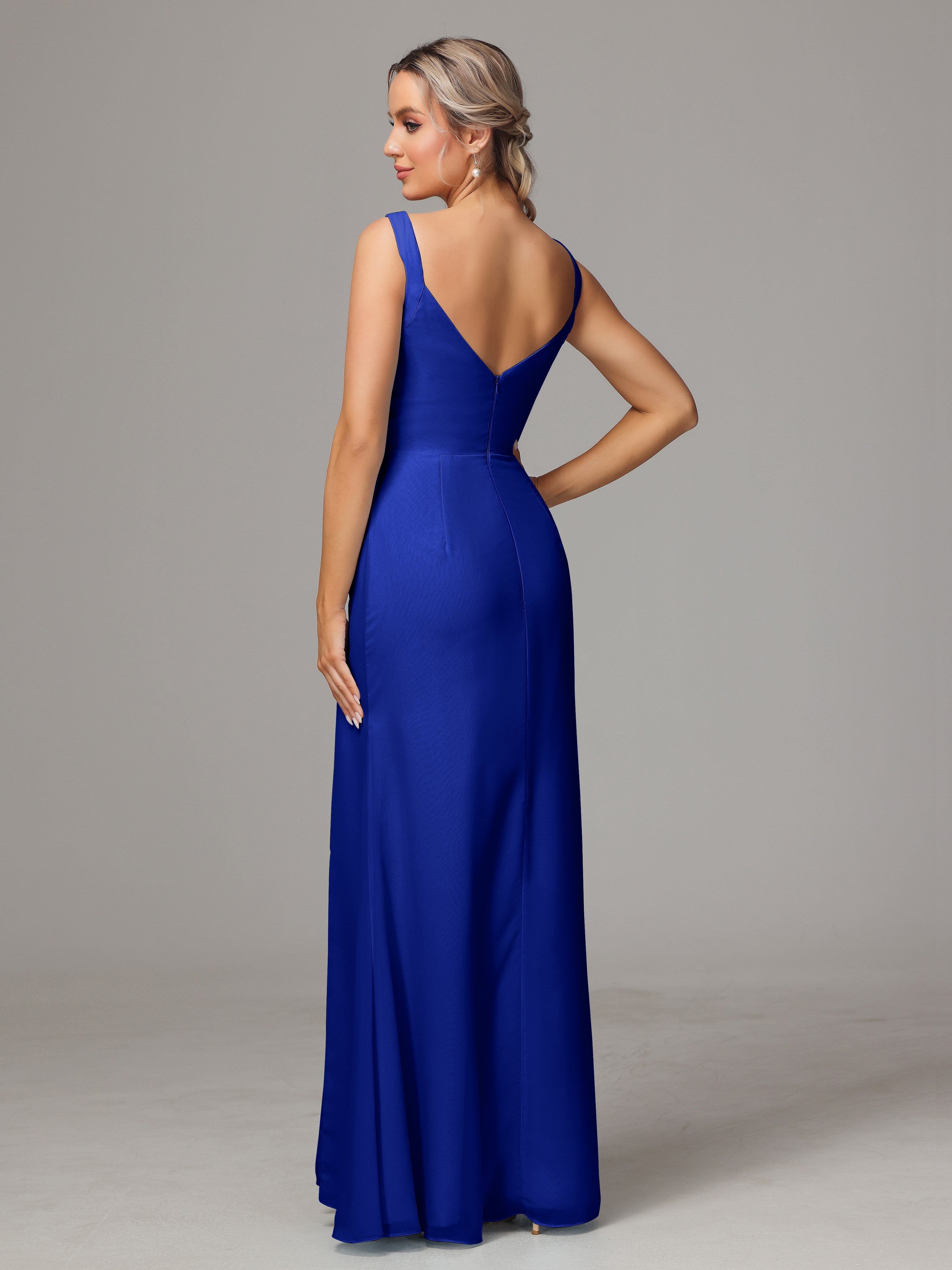 Robe Demoiselle D Honneur Bleue Roi Dos V Fendue Devant Mousseline Robe Demoiselle D'Honneur