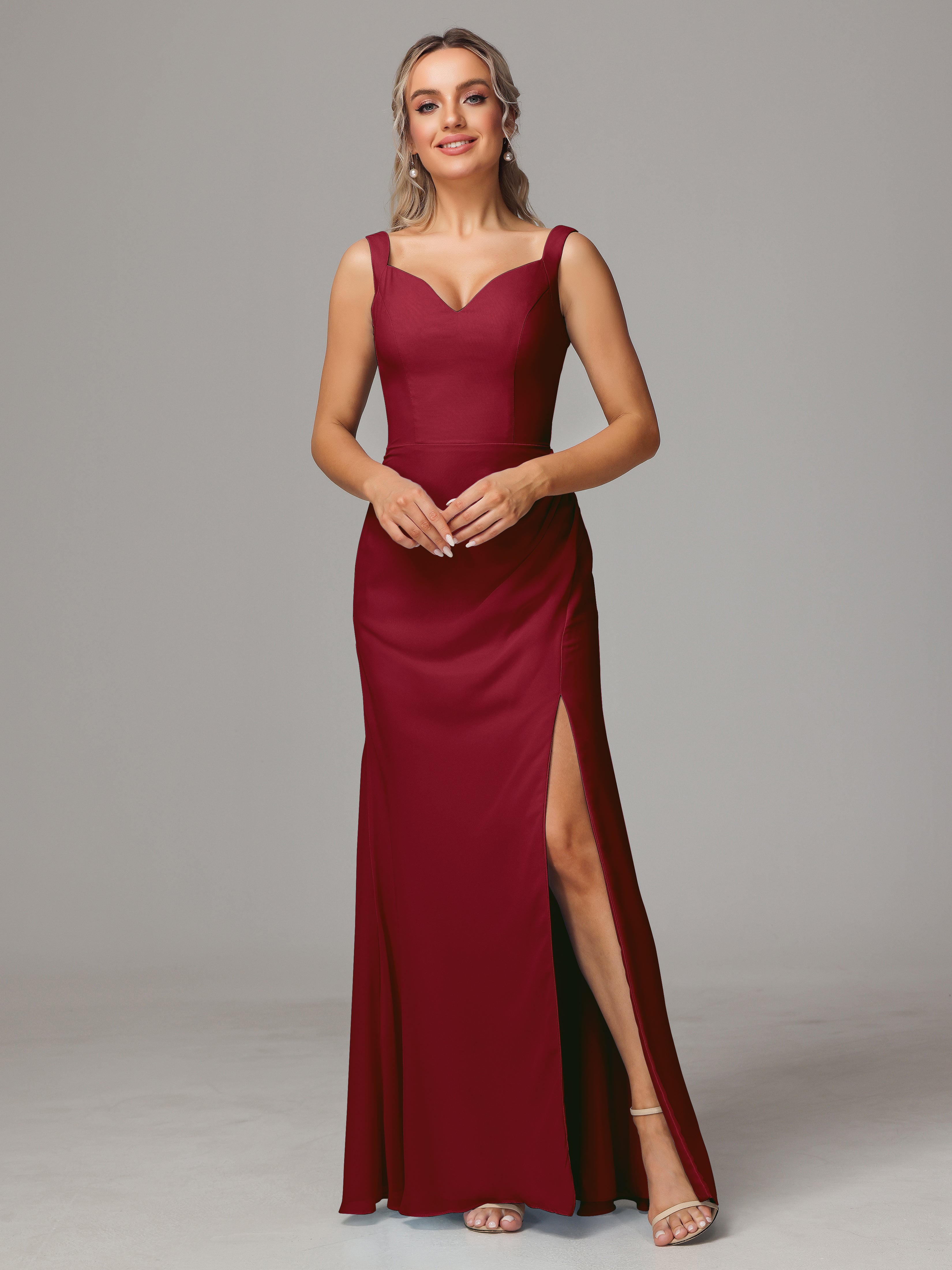 Robe Demoiselle D Honneur Rouge Bordeaux Dos V Fendue Devant Mousseline Robe Demoiselle D'Honneur