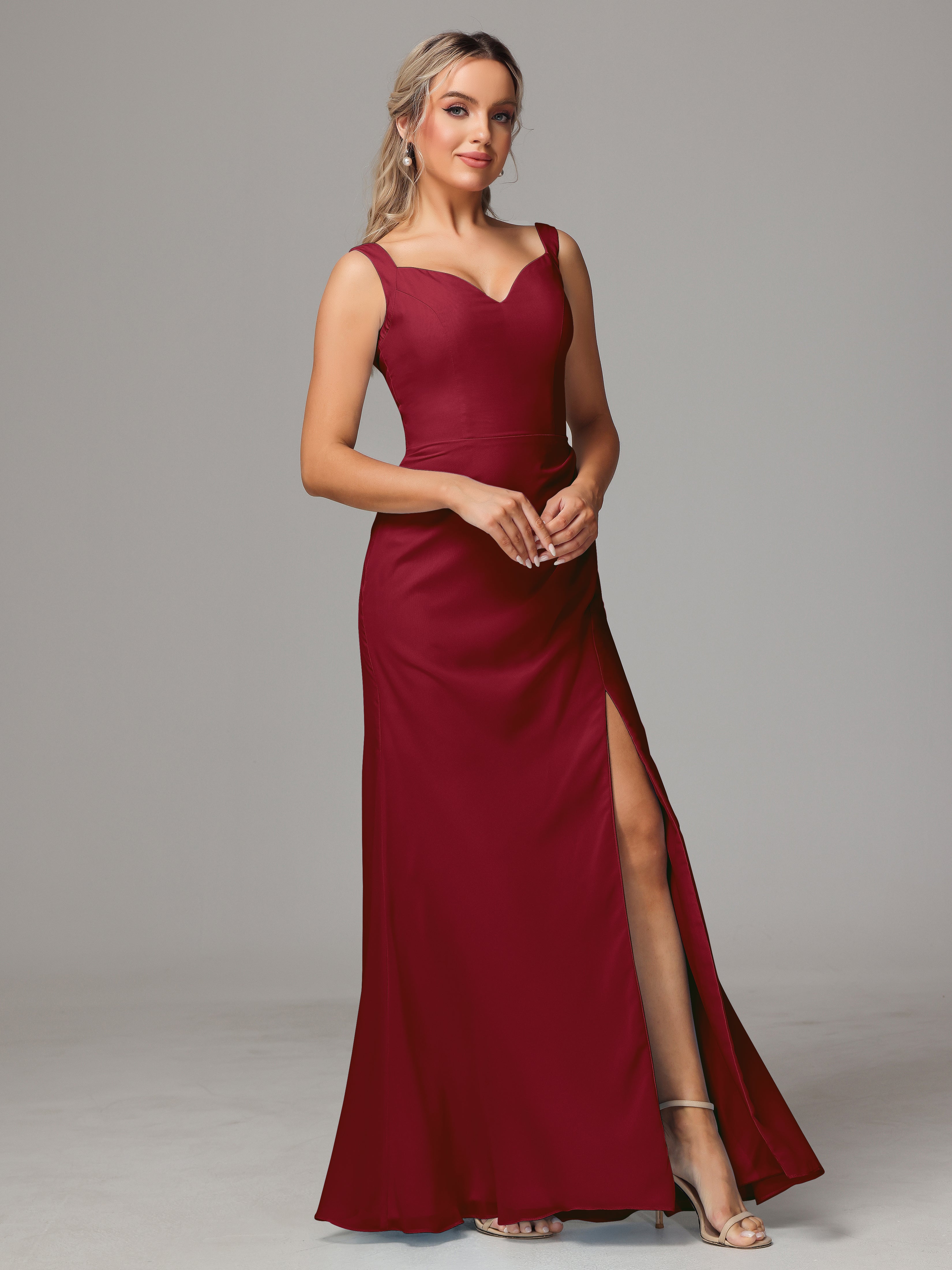 Robe Demoiselle D Honneur Rouge Bordeaux Dos V Fendue Devant Mousseline Robe Demoiselle D'Honneur