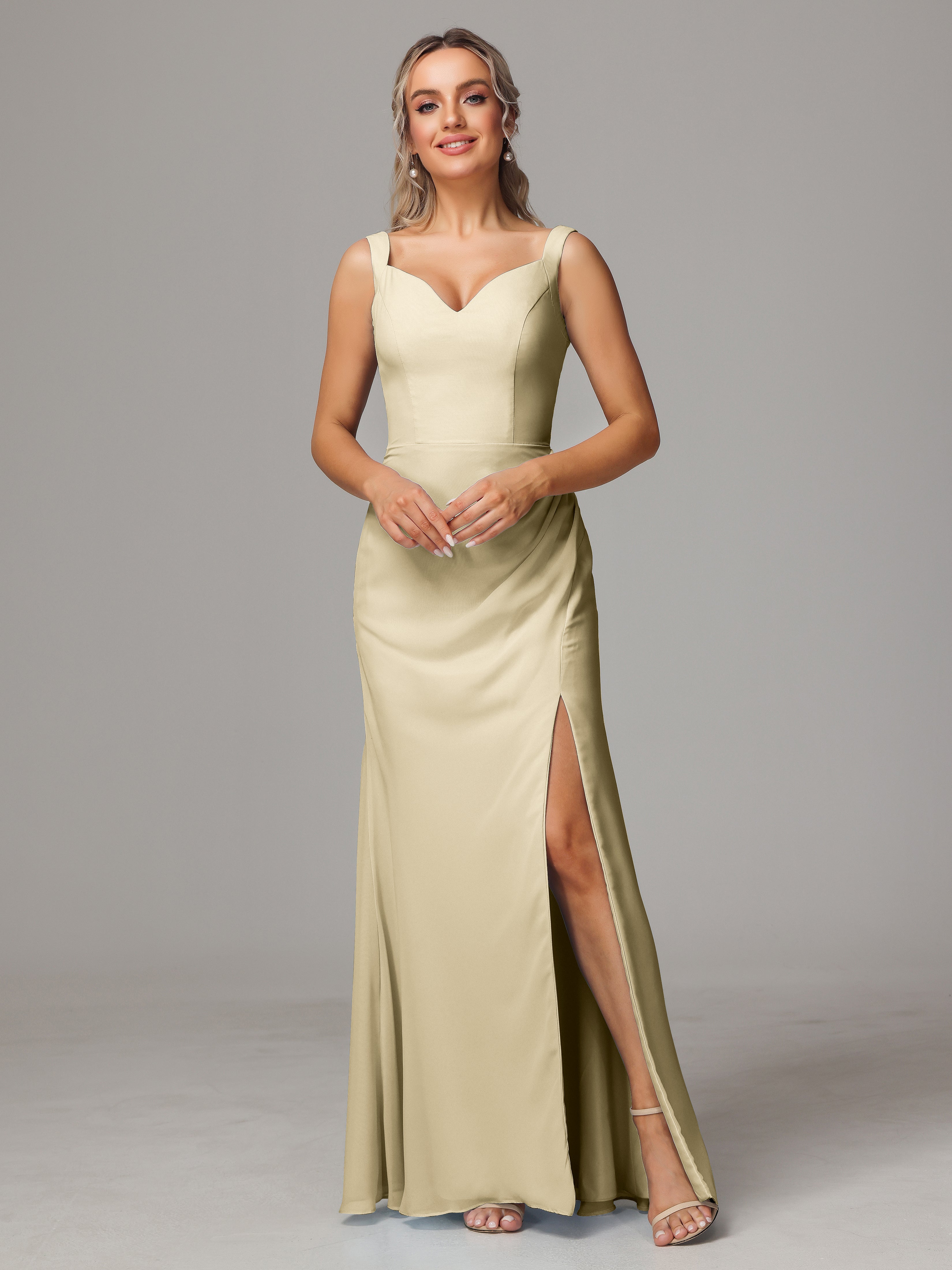 Robes De Demoiselle D'Honneur Champagne Dos V Fendue Devant Mousseline Robe Demoiselle D'Honneur