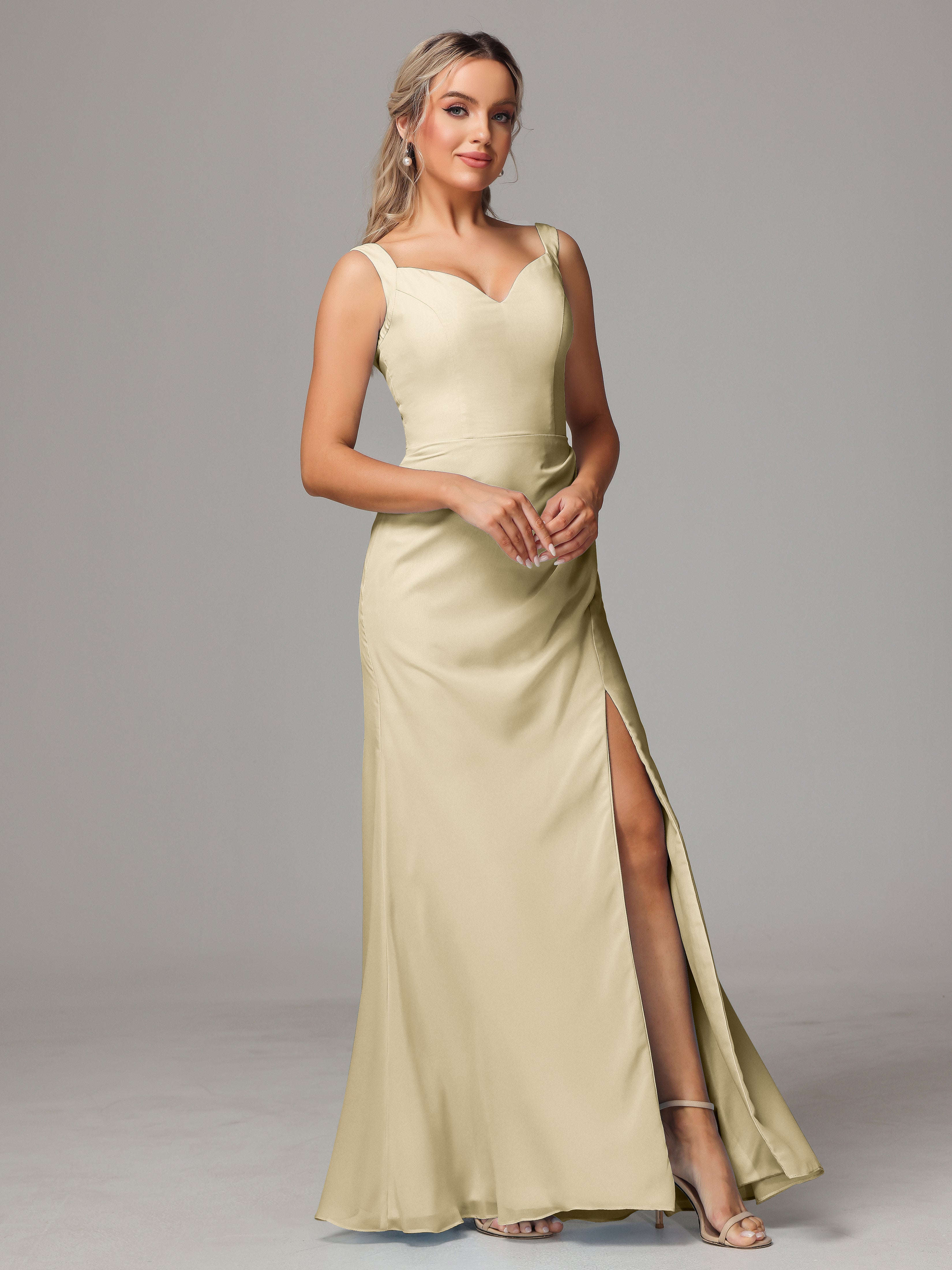 Robes De Demoiselle D'Honneur Champagne Dos V Fendue Devant Mousseline Robe Demoiselle D'Honneur