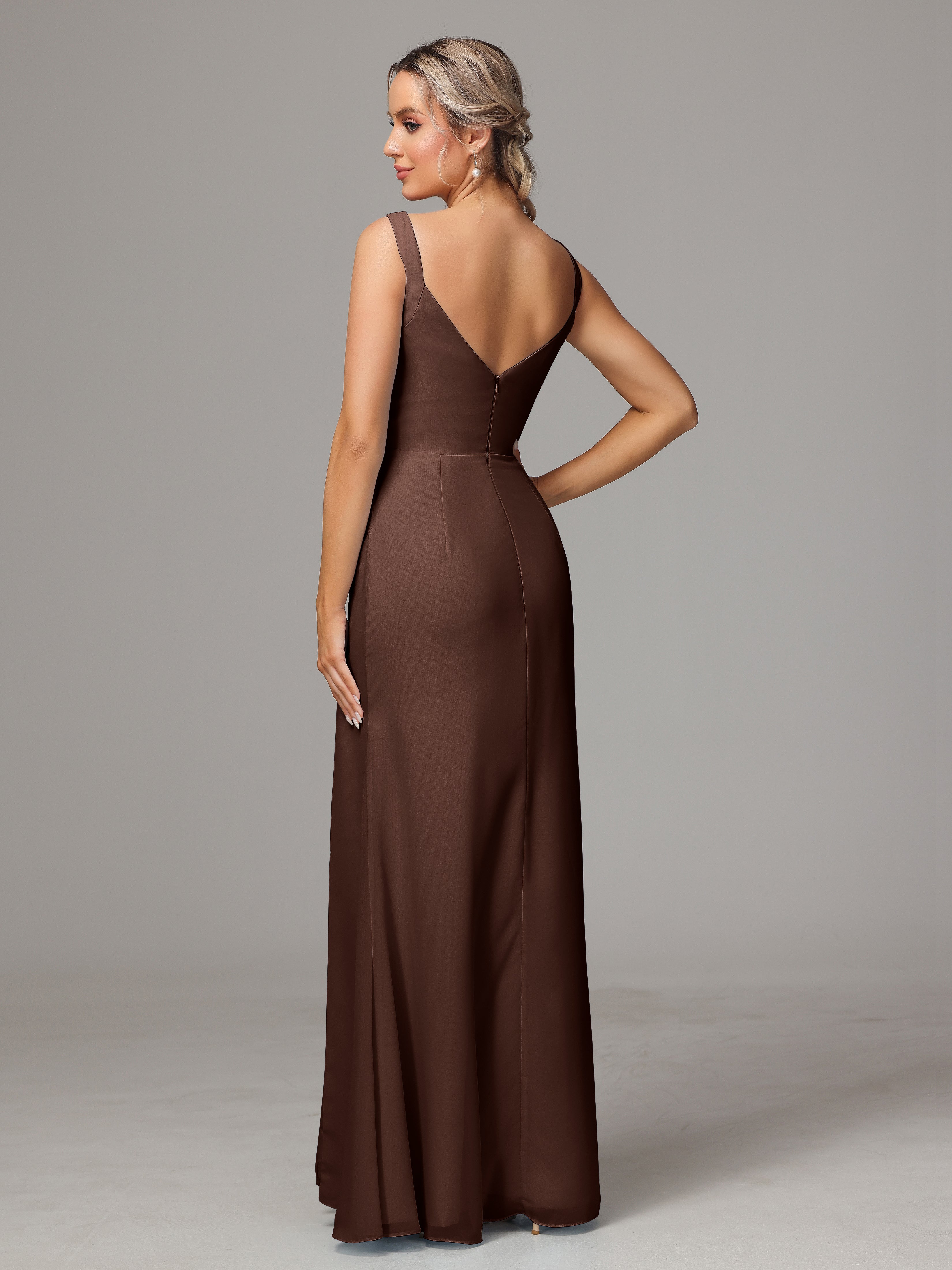 Robe Chocolat Demoiselle D Honneur Dos V Fendue Devant Mousseline Robe Demoiselle D'Honneur