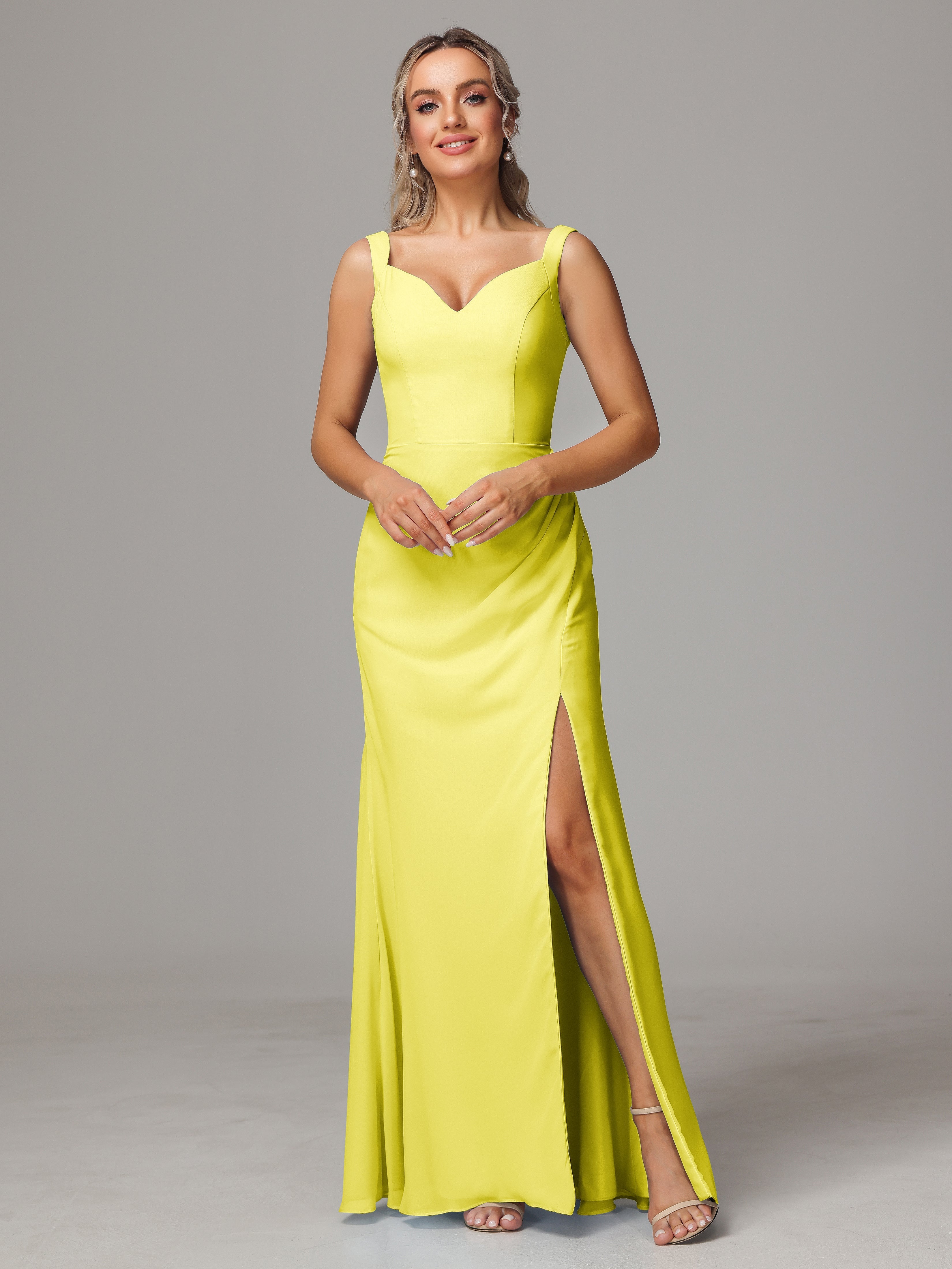 Robes De Demoiselle D'Honneur Citron Dos V Fendue Devant Mousseline Robe Demoiselle D'Honneur