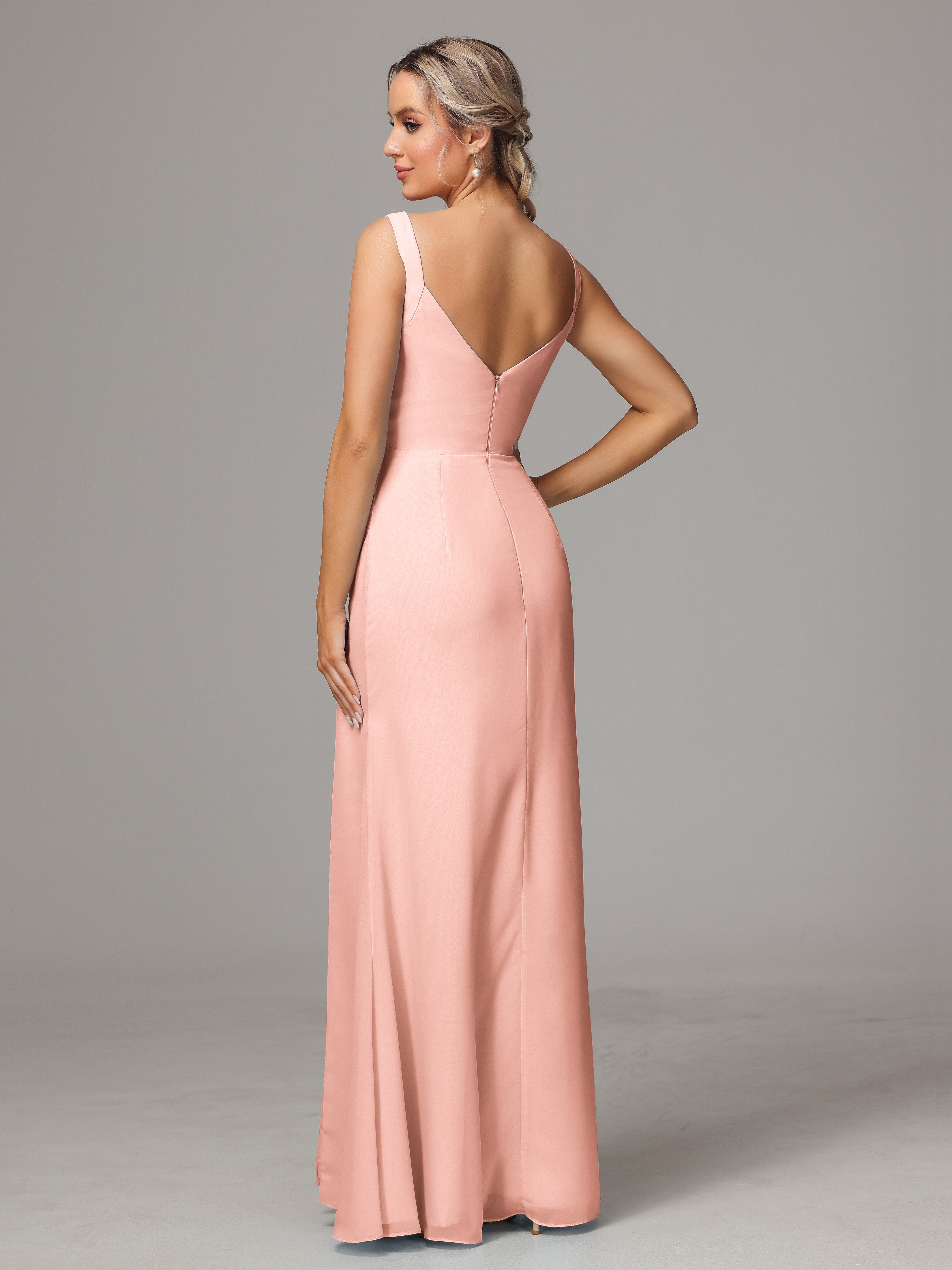 Robes Demoiselle D Honneur Corail Dos V Fendue Devant Mousseline Robe Demoiselle D'Honneur