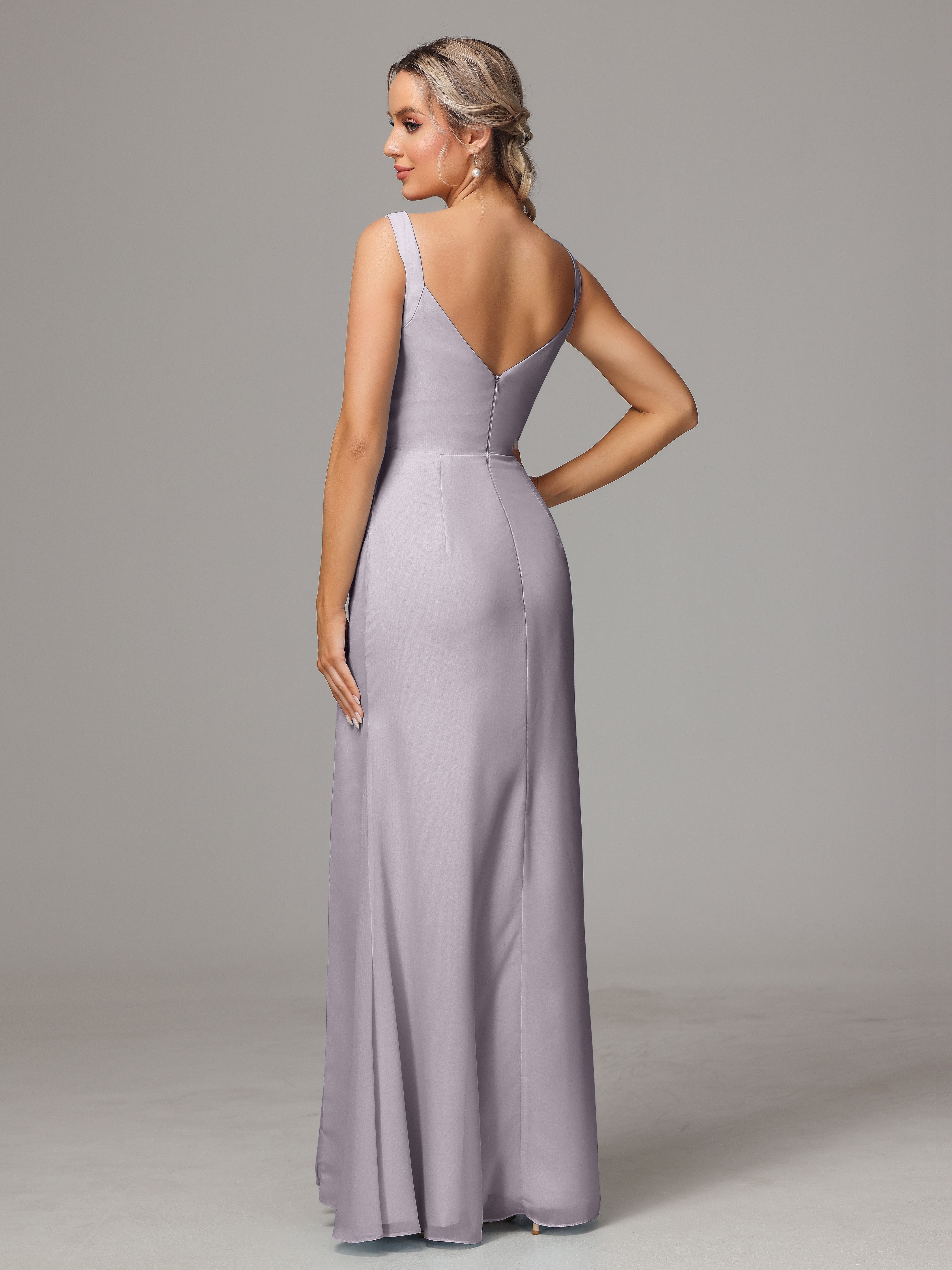 Robes De Demoiselle D'Honneur Couleur Crépuscule Dos V Fendue Devant Mousseline Robe Demoiselle D'Honneur