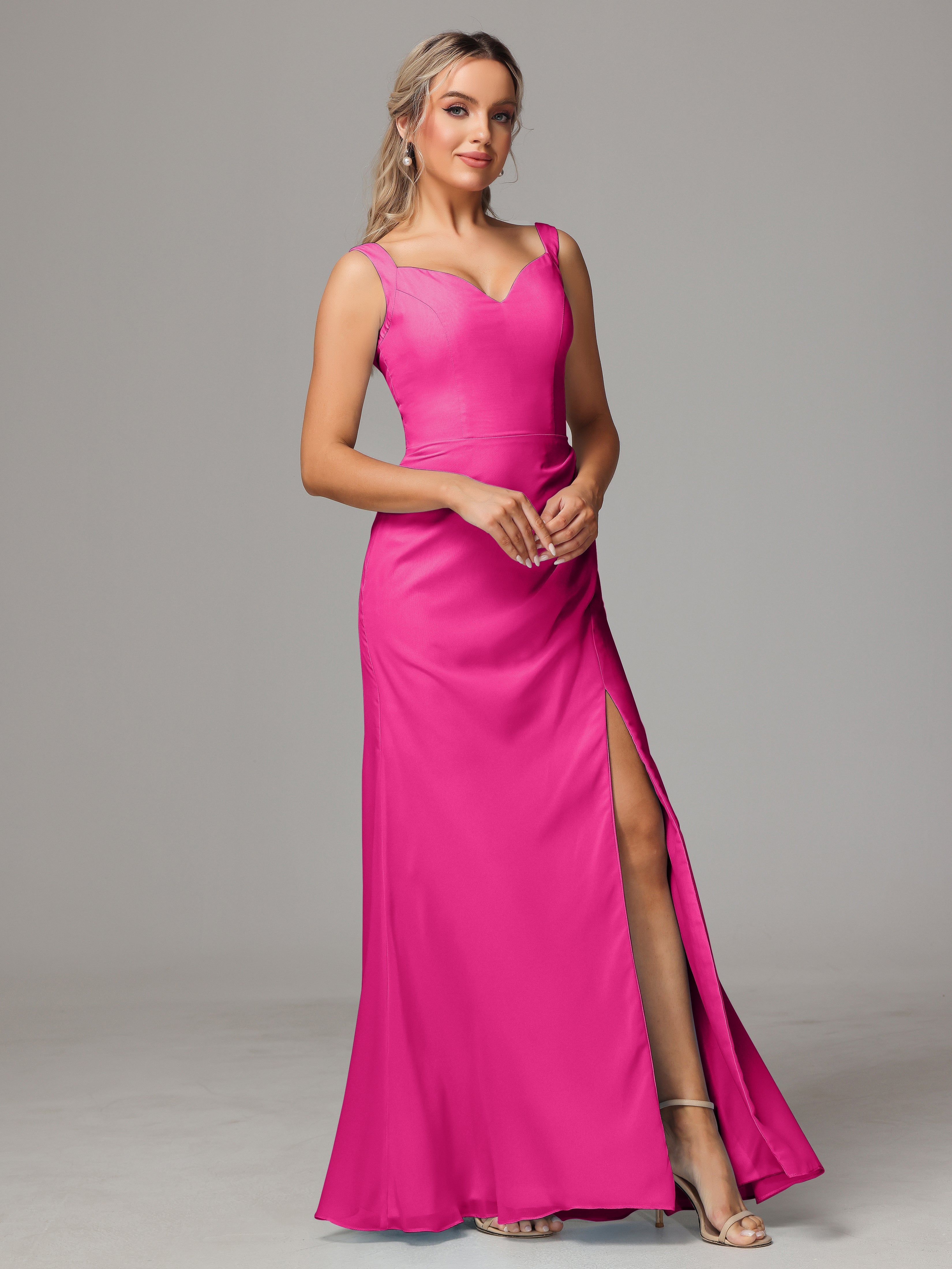 Robes De Demoiselle D'Honneur Rose Fuchsia Dos V Fendue Devant Mousseline Robe Demoiselle D'Honneur