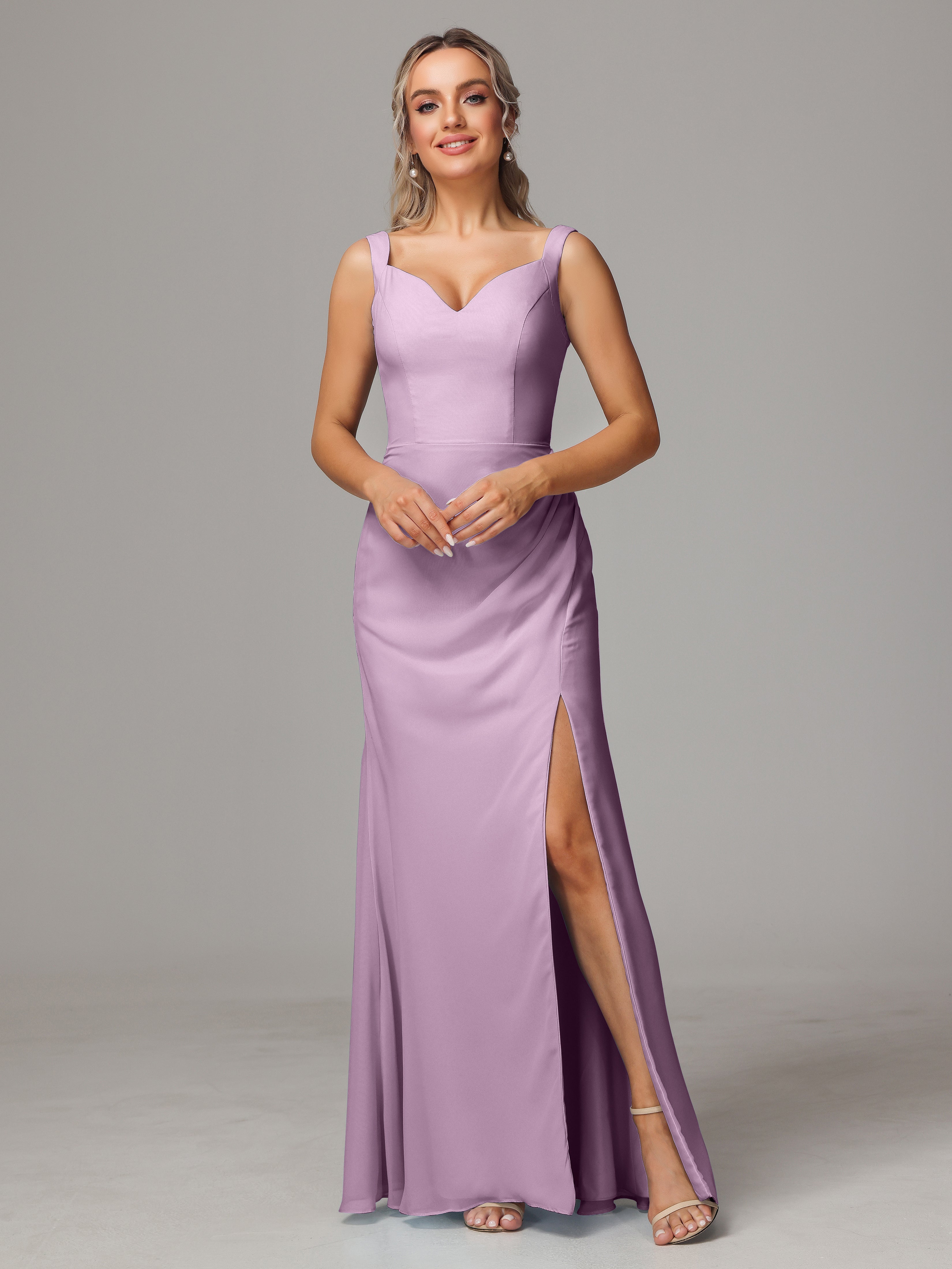 Robes De Demoiselle D'Honneur Glycine Dos V Fendue Devant Mousseline Robe Demoiselle D'Honneur