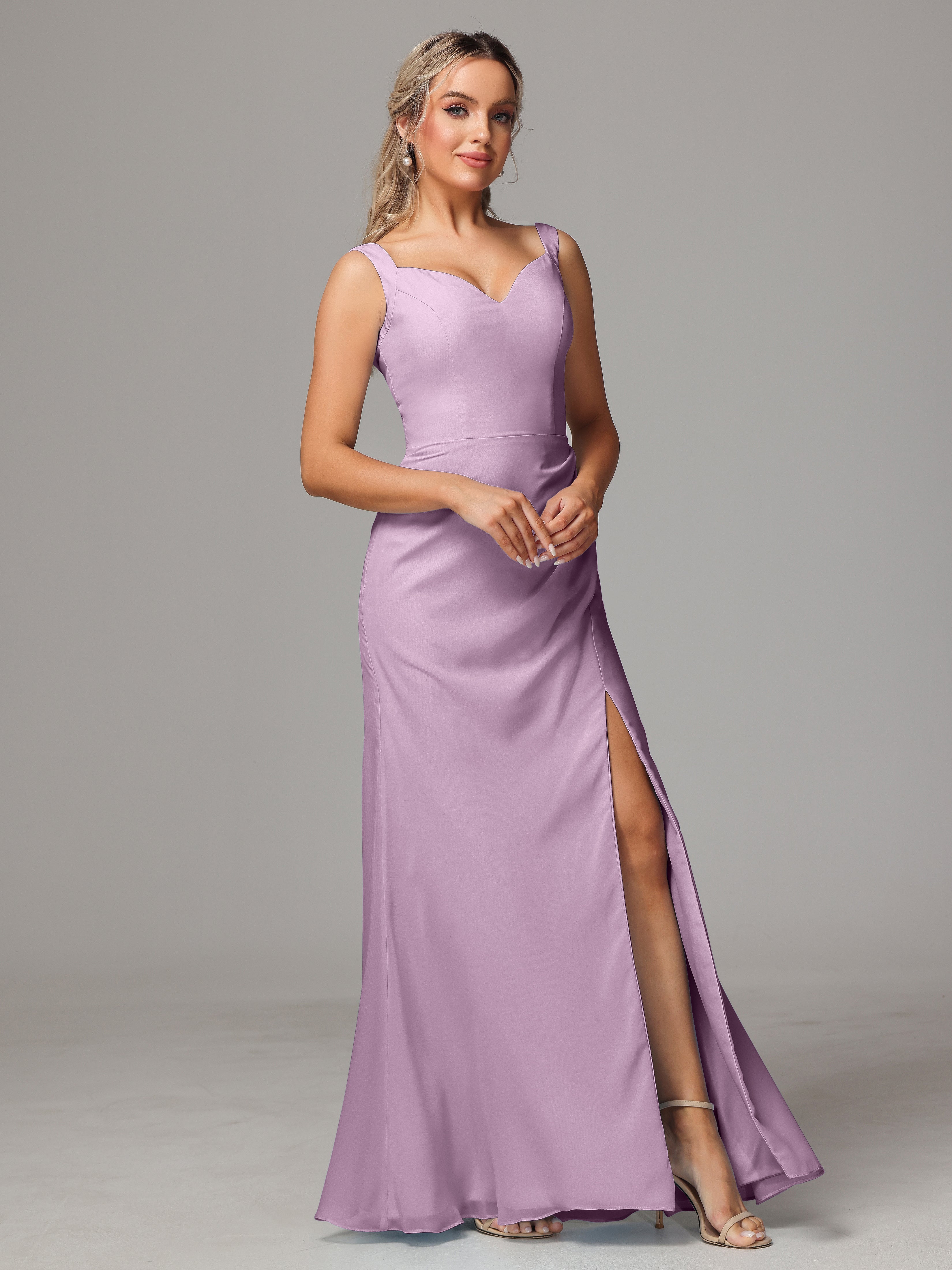 Robes De Demoiselle D'Honneur Glycine Dos V Fendue Devant Mousseline Robe Demoiselle D'Honneur