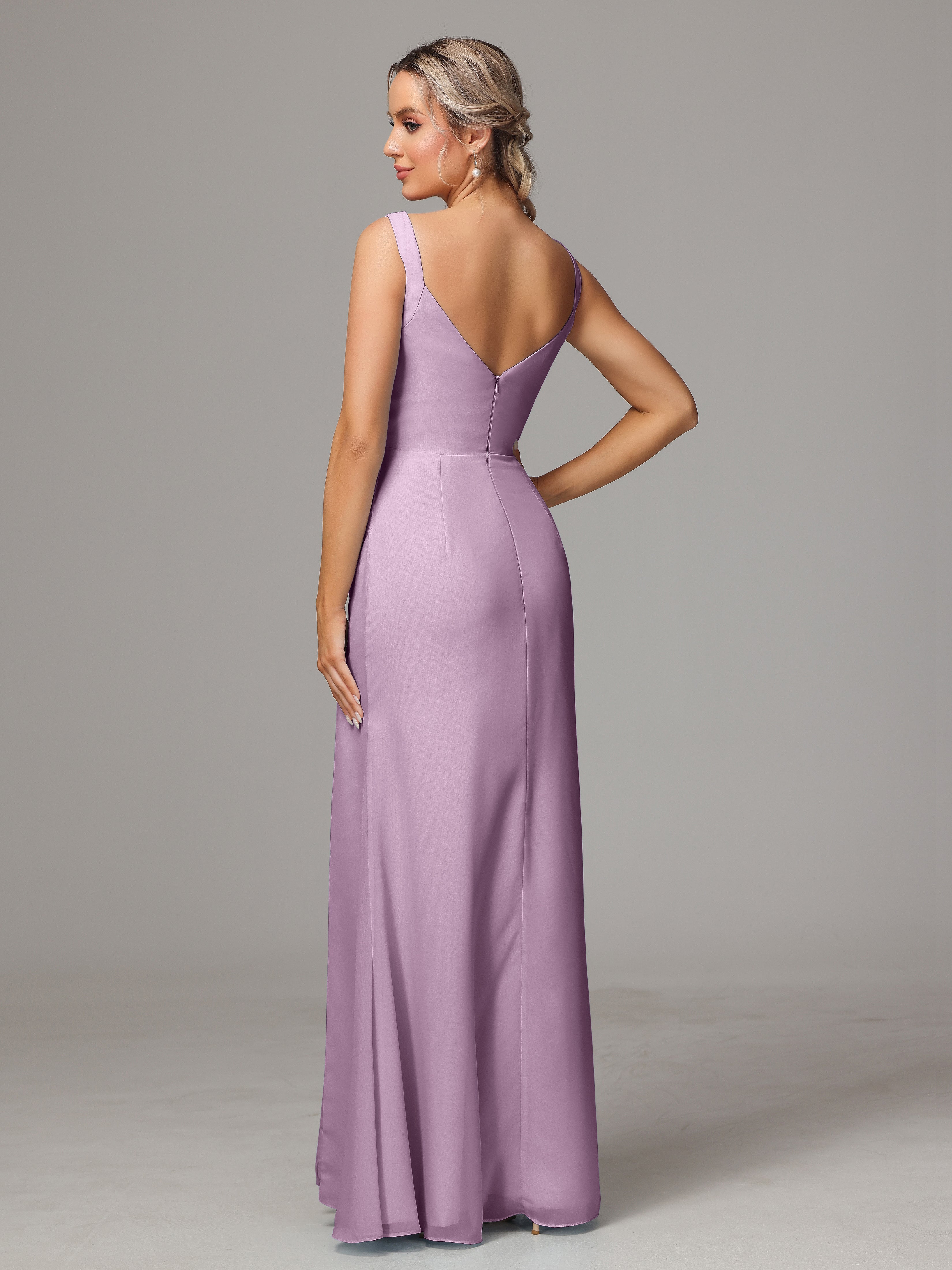 Robes De Demoiselle D'Honneur Glycine Dos V Fendue Devant Mousseline Robe Demoiselle D'Honneur