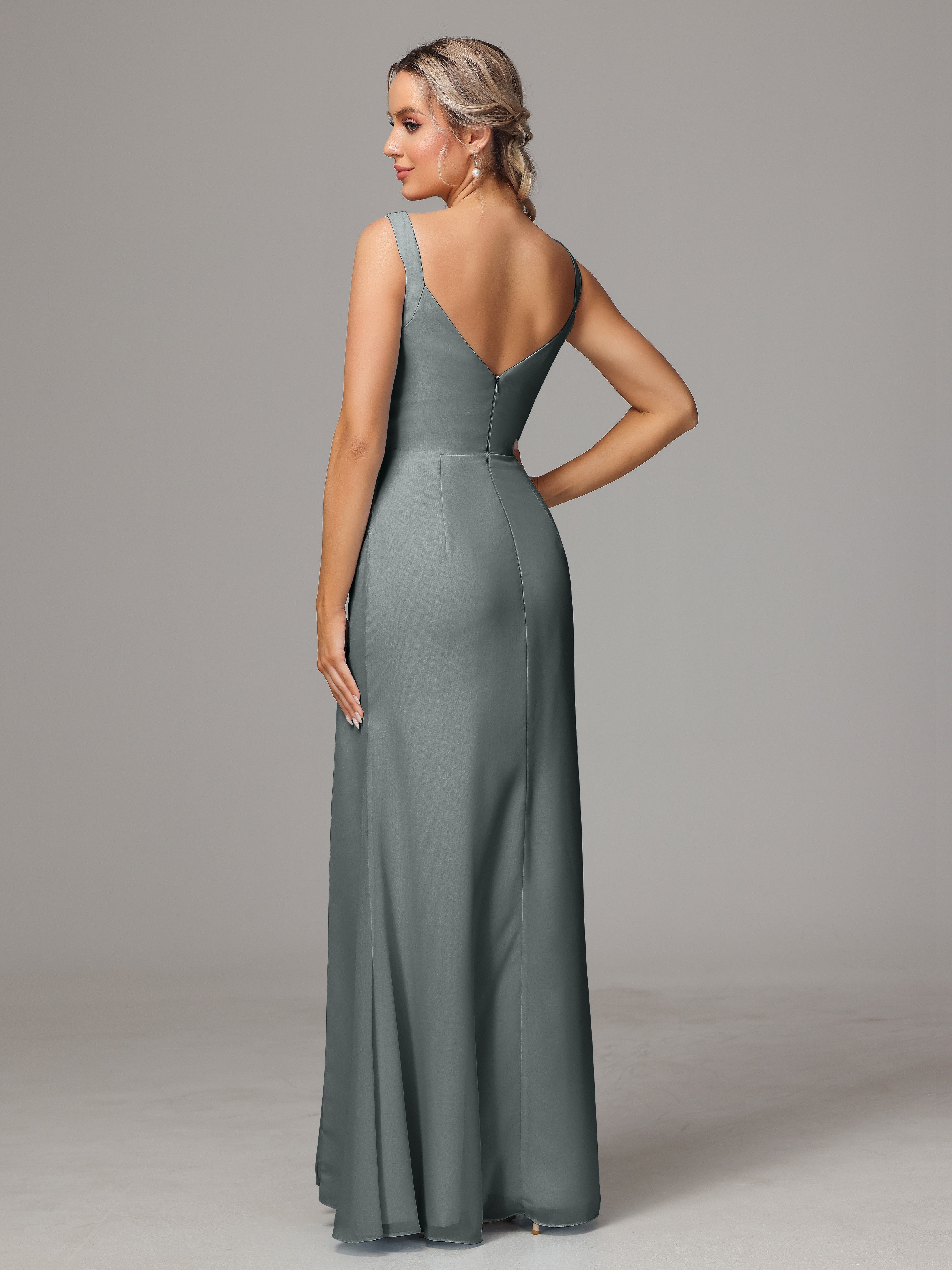 Robe Longue Grise Demoiselle D Honneur Dos V Fendue Devant Mousseline Robe Demoiselle D'Honneur