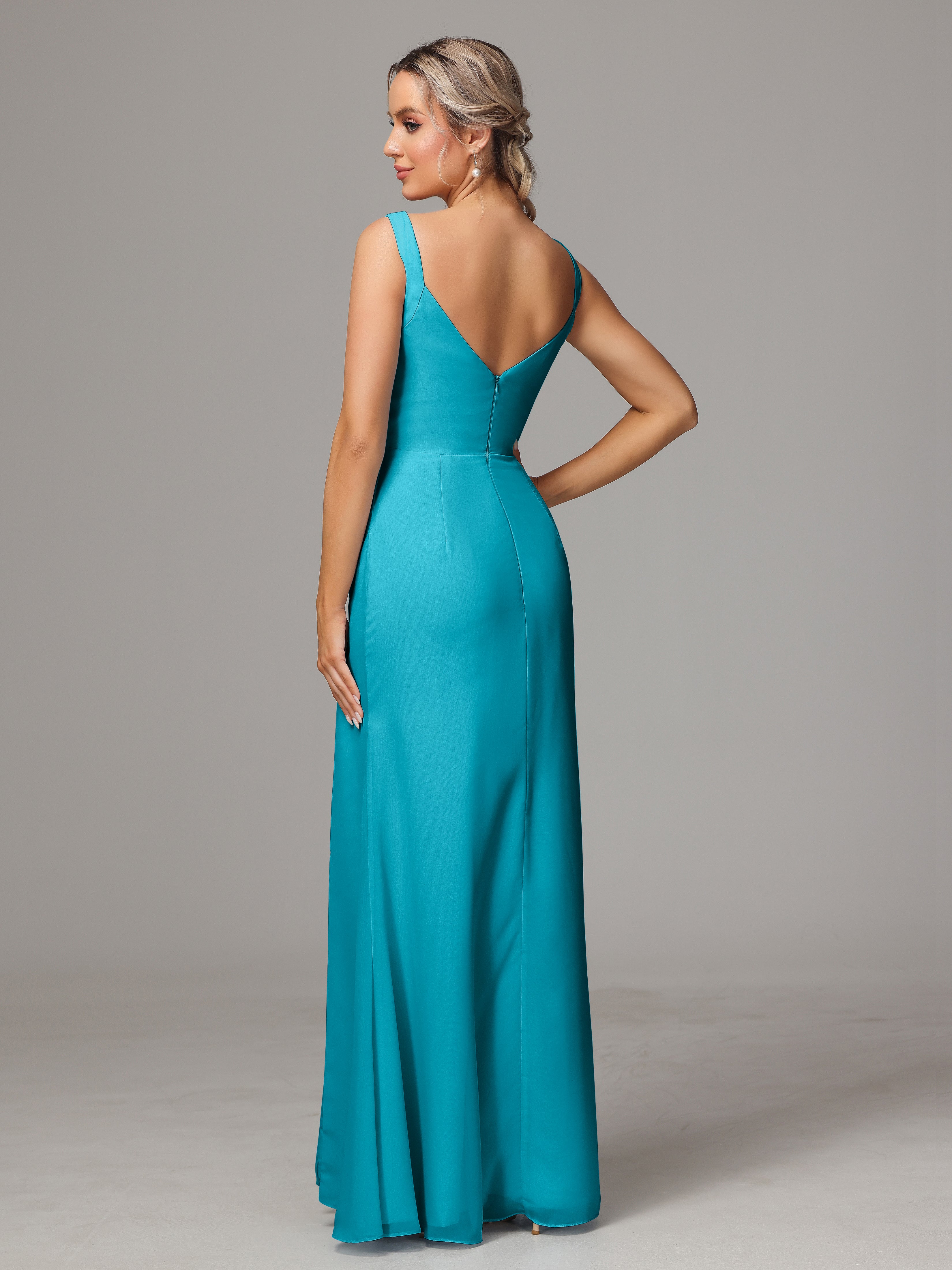 Robes De Demoiselle D'Honneur Jade Dos V Fendue Devant Mousseline Robe Demoiselle D'Honneur