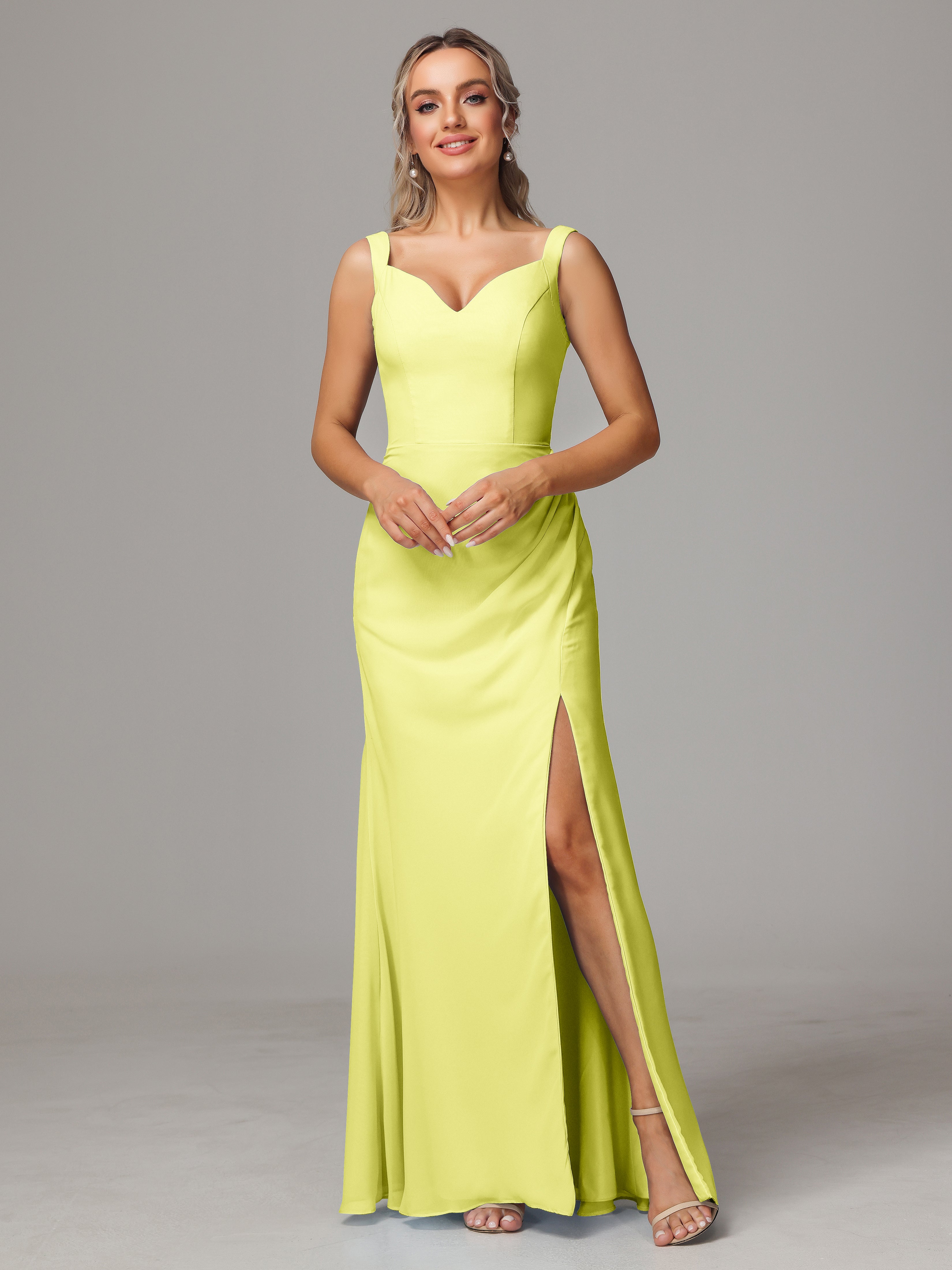 Robes De Demoiselle D'Honneur Jonquille Dos V Fendue Devant Mousseline Robe Demoiselle D'Honneur