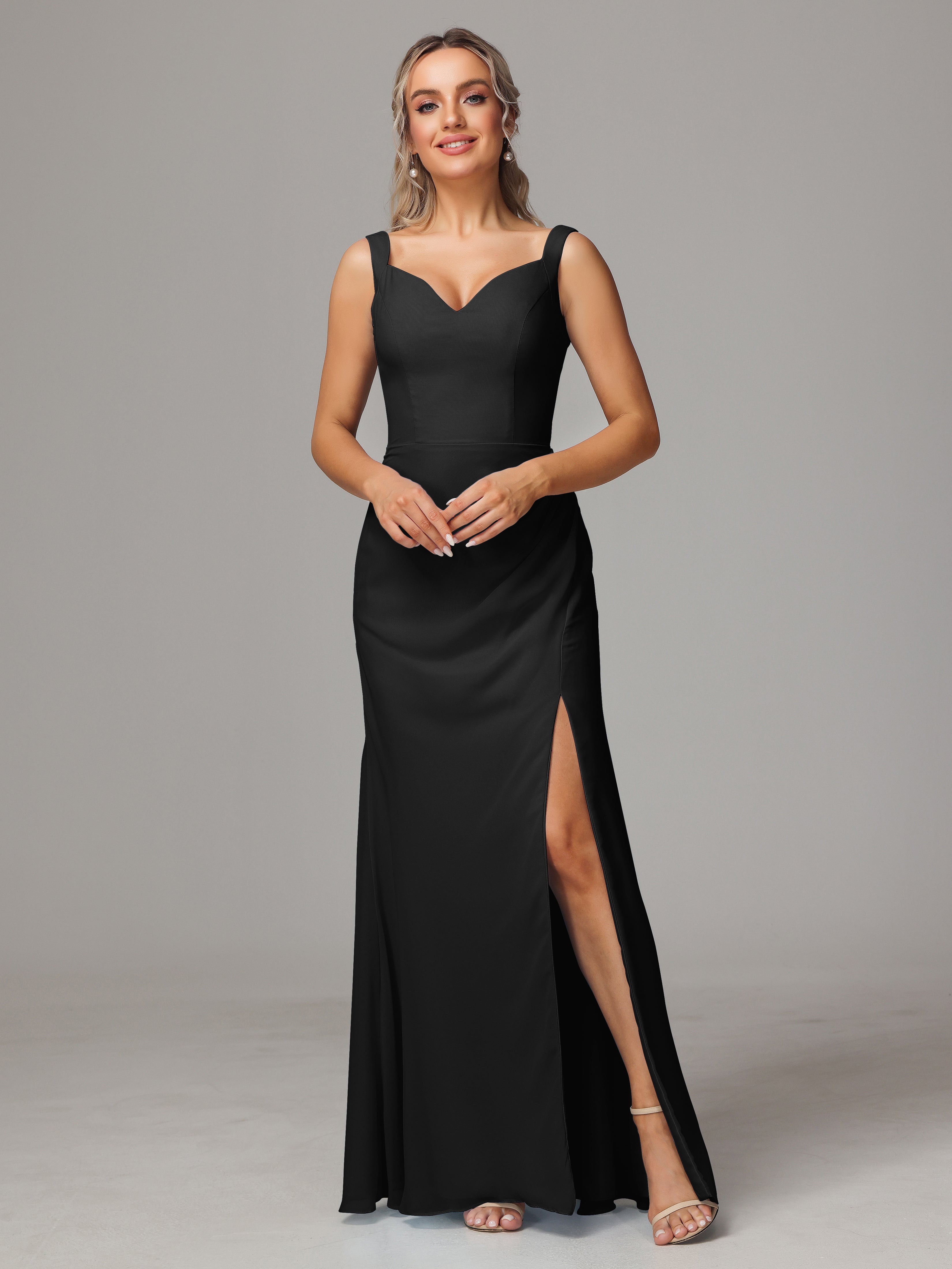 Demoiselle D Honneur Noir Dos V Fendue Devant Mousseline Robe Demoiselle D'Honneur