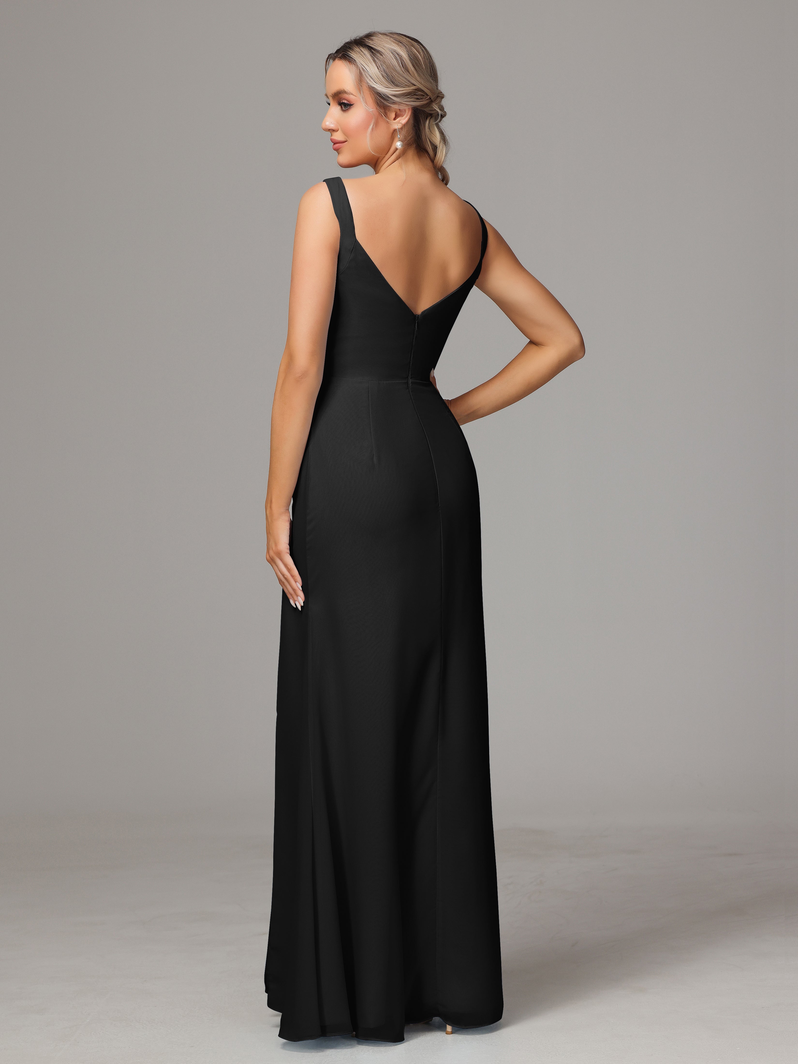 Demoiselle D Honneur Noir Dos V Fendue Devant Mousseline Robe Demoiselle D'Honneur