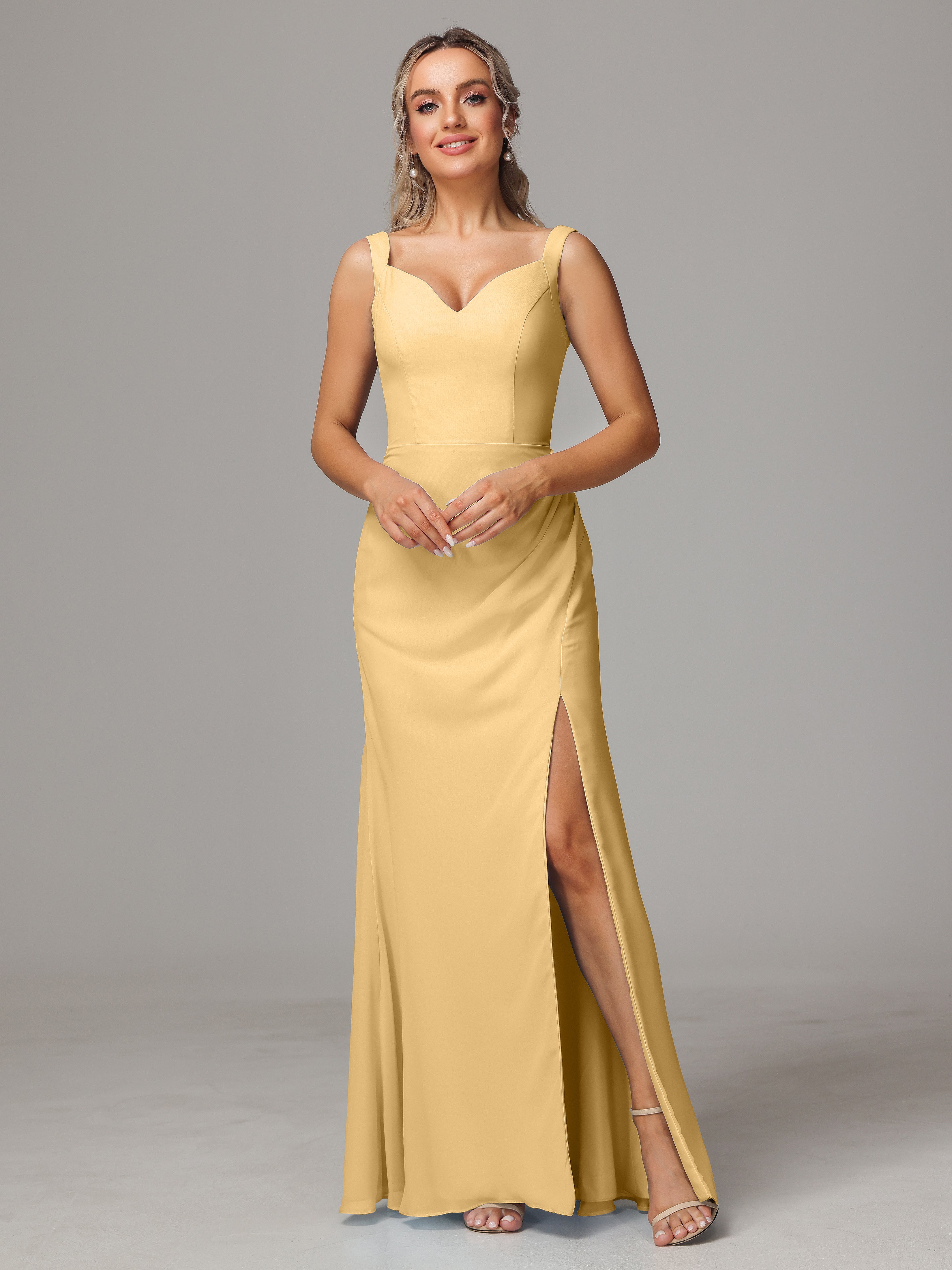 Robe Doré Demoiselle D Honneur Dos V Fendue Devant Mousseline Robe Demoiselle D'Honneur