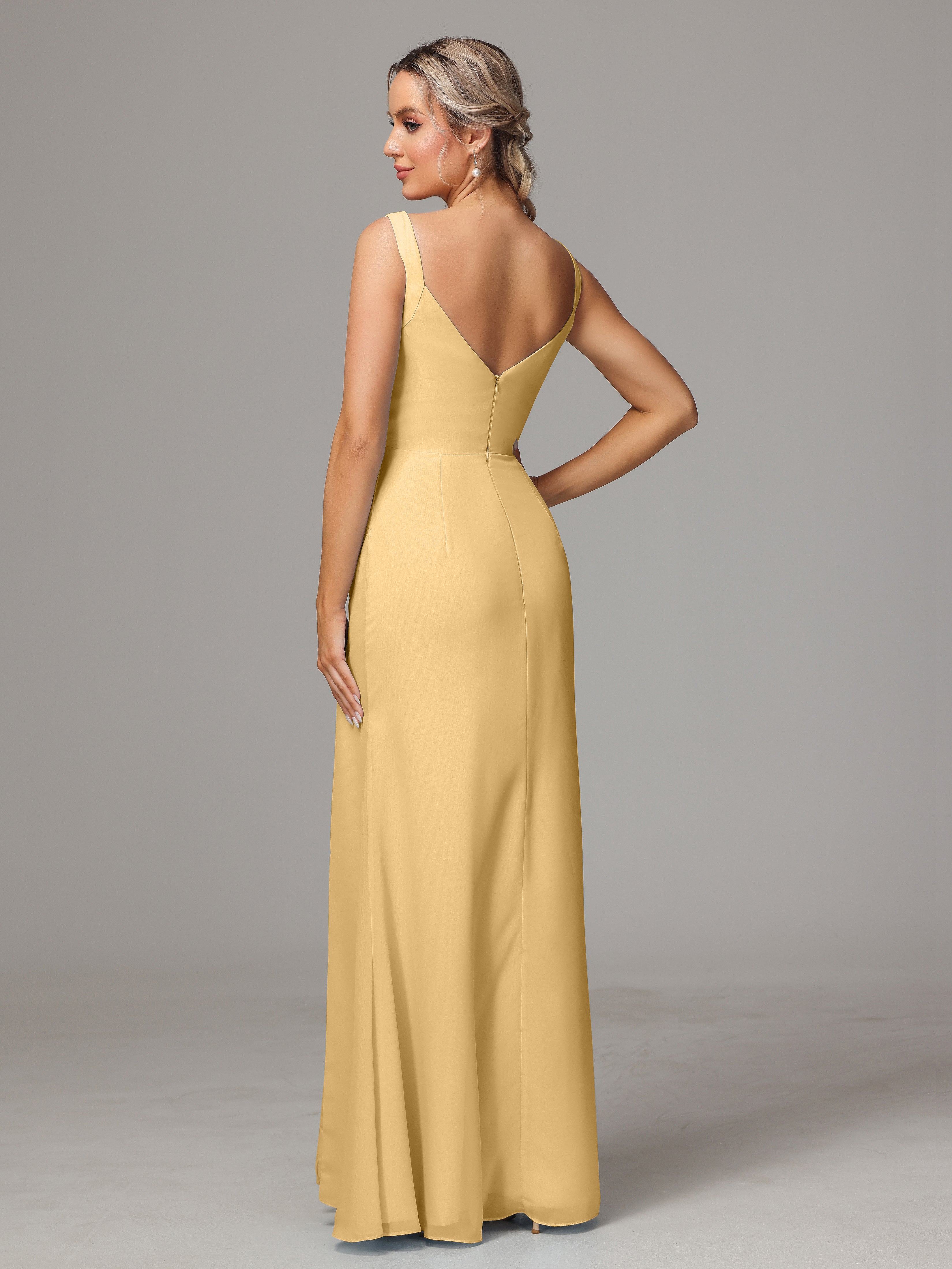 Robe Doré Demoiselle D Honneur Dos V Fendue Devant Mousseline Robe Demoiselle D'Honneur