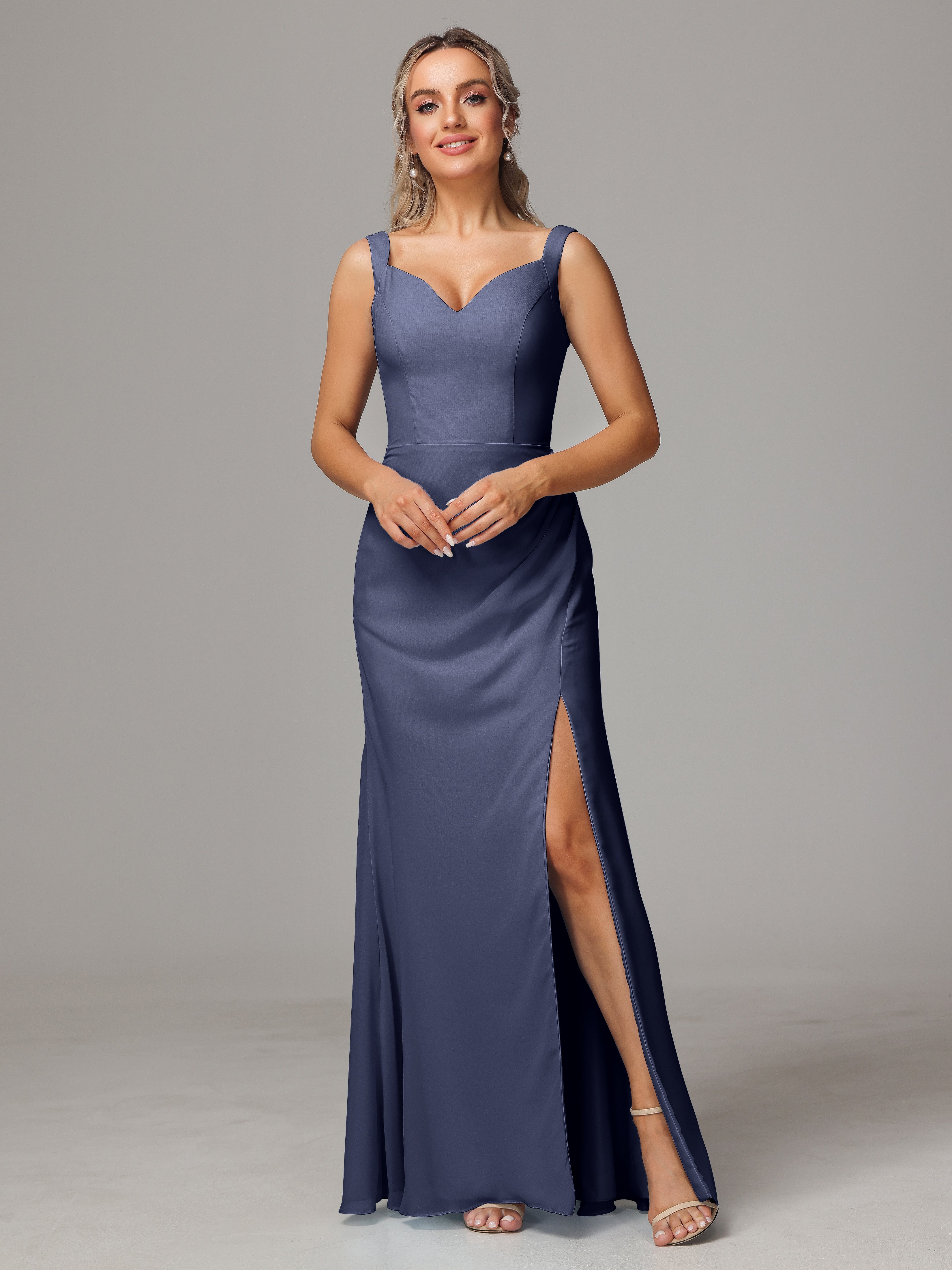 Robes De Demoiselle D'Honneur Bleu Orageux Dos V Fendue Devant Mousseline Robe Demoiselle D'Honneur