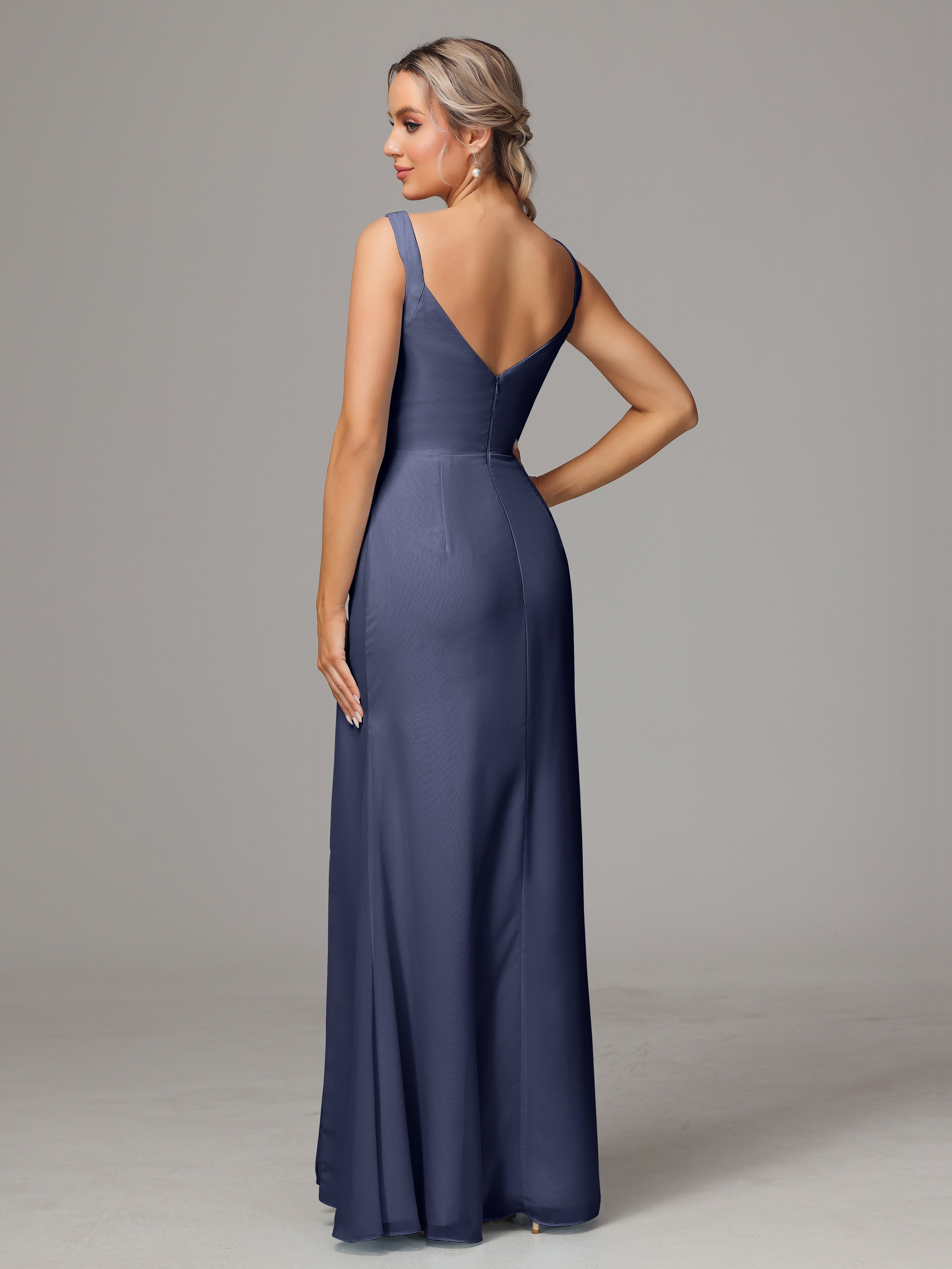 Robes De Demoiselle D'Honneur Bleu Orageux Dos V Fendue Devant Mousseline Robe Demoiselle D'Honneur