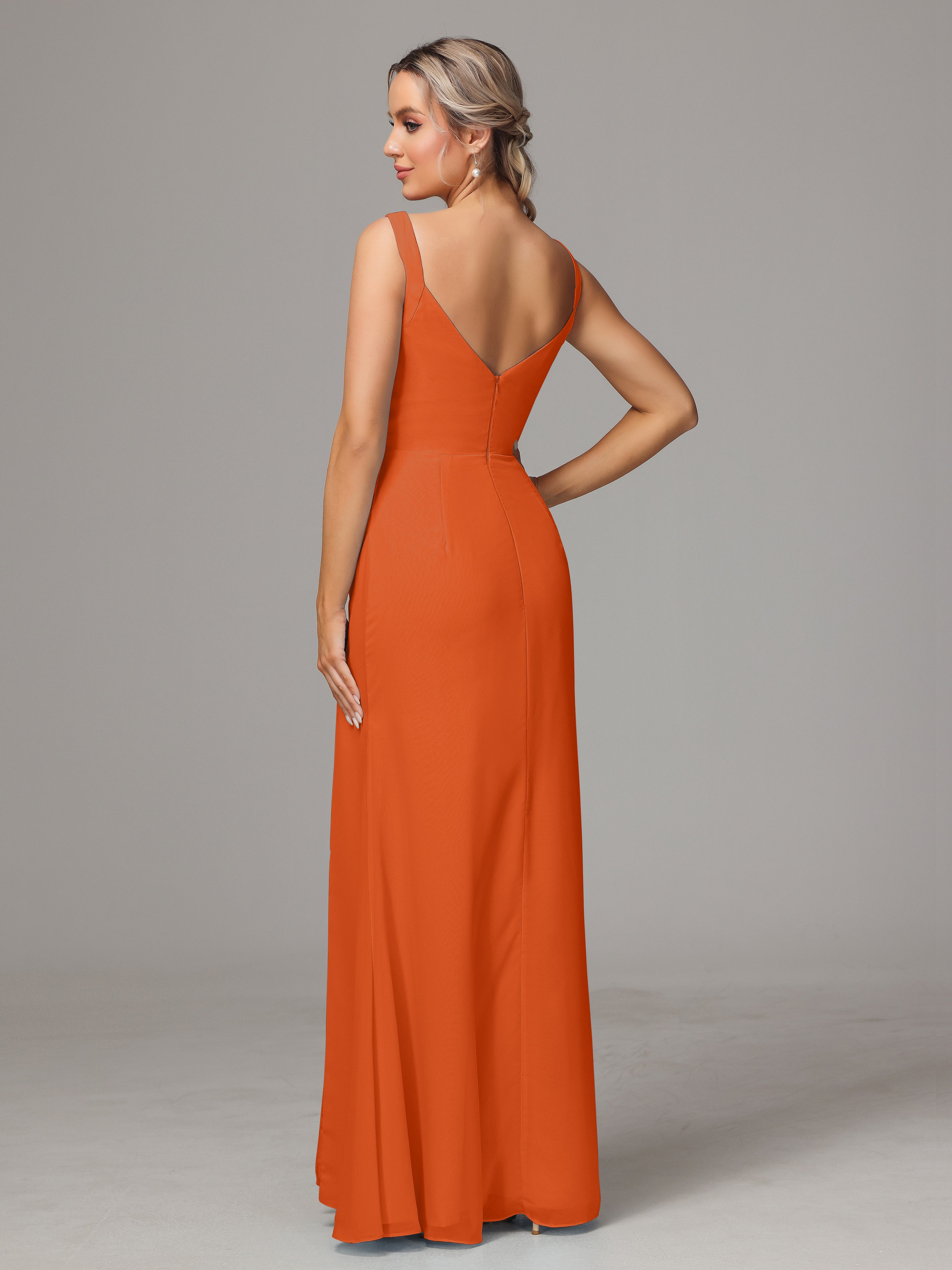 Robes De Demoiselle D'Honneur Orange Brûlé Dos V Fendue Devant Mousseline Robe Demoiselle D'Honneur