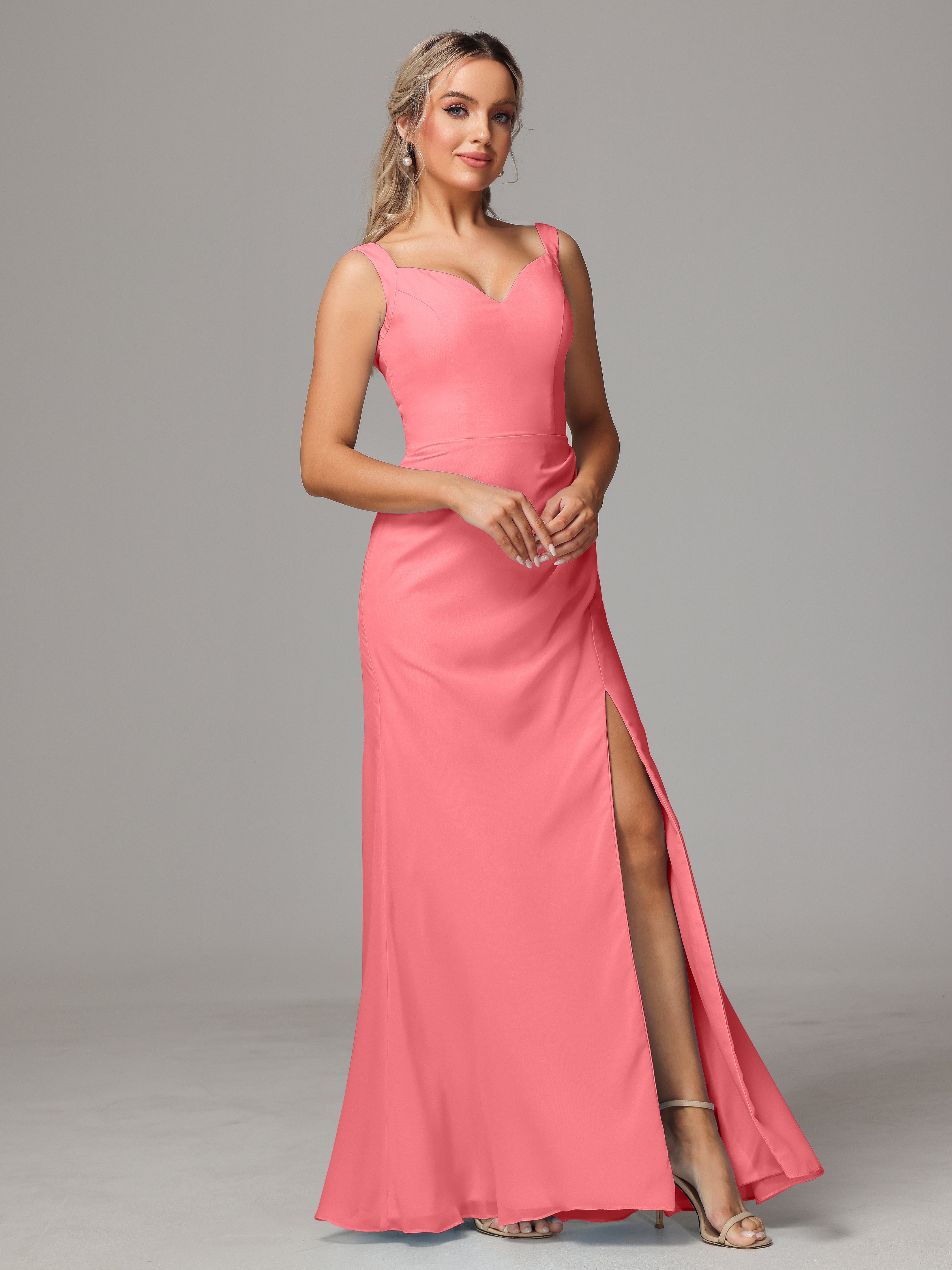 Robes De Demoiselle D'Honneur Pastèque Dos V Fendue Devant Mousseline Robe Demoiselle D'Honneur