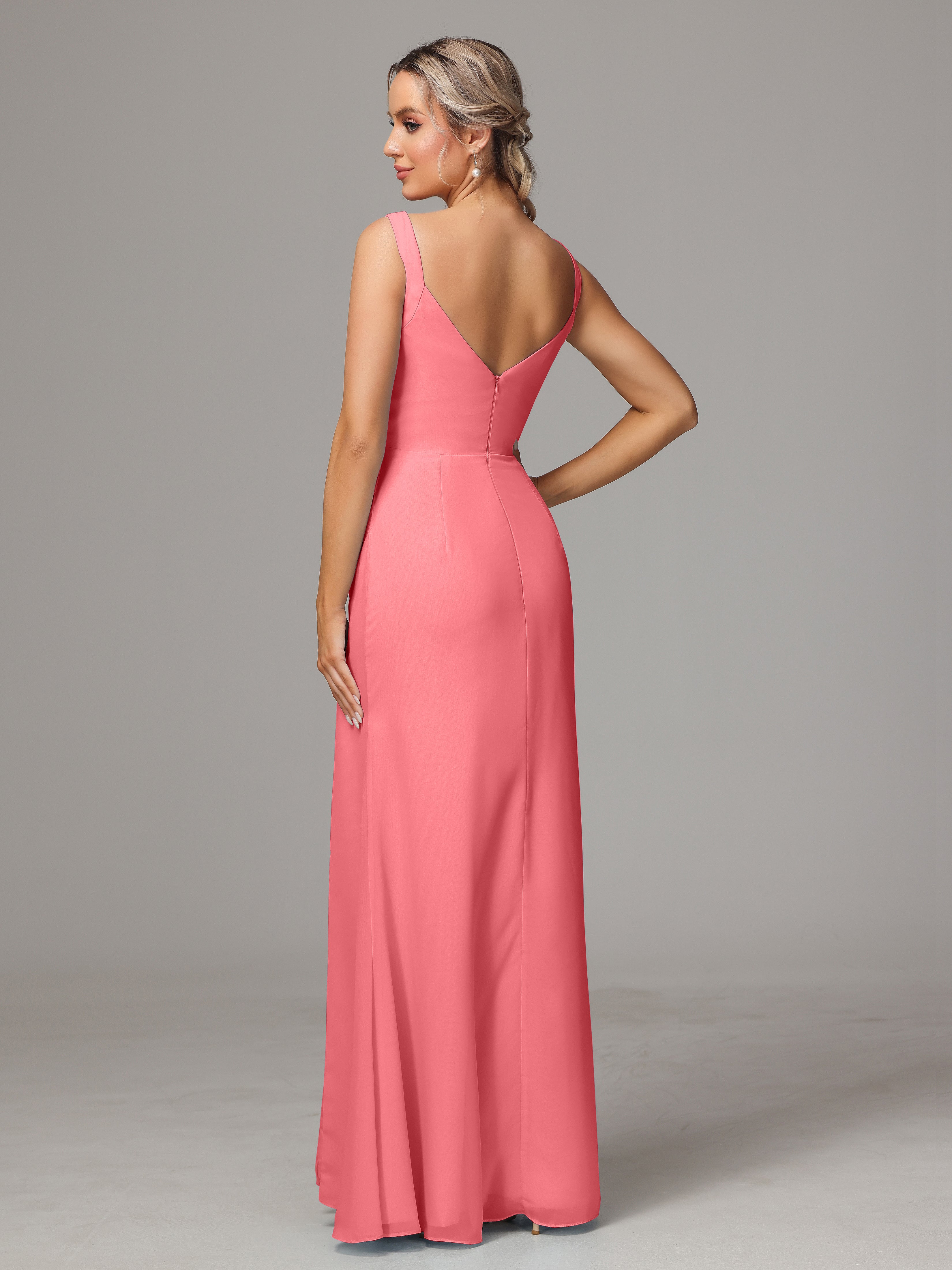 Robes De Demoiselle D'Honneur Pastèque Dos V Fendue Devant Mousseline Robe Demoiselle D'Honneur