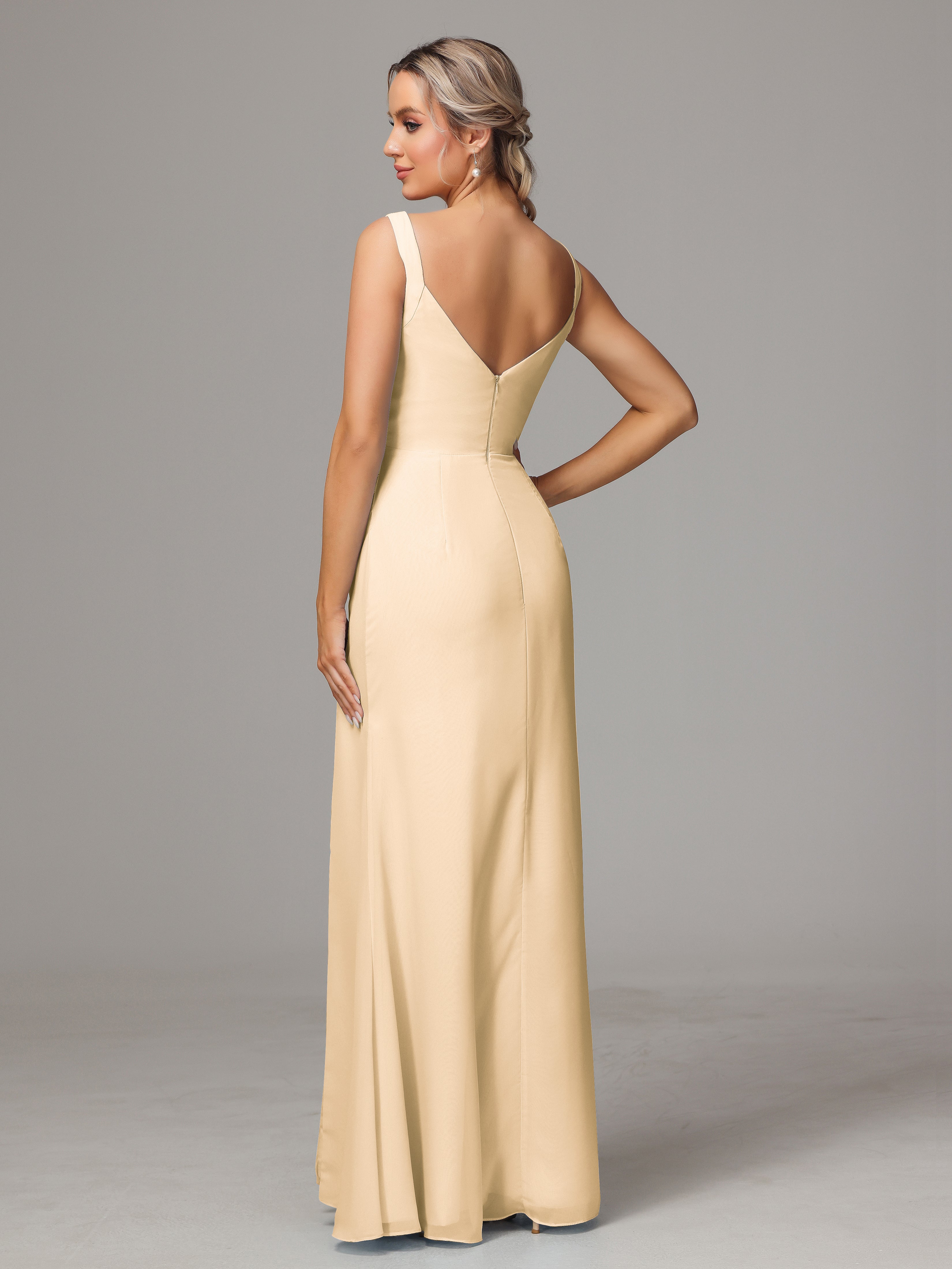 Robe De Demoiselle D Honneur Couleur Peche Dos V Fendue Devant Mousseline Robe Demoiselle D'Honneur